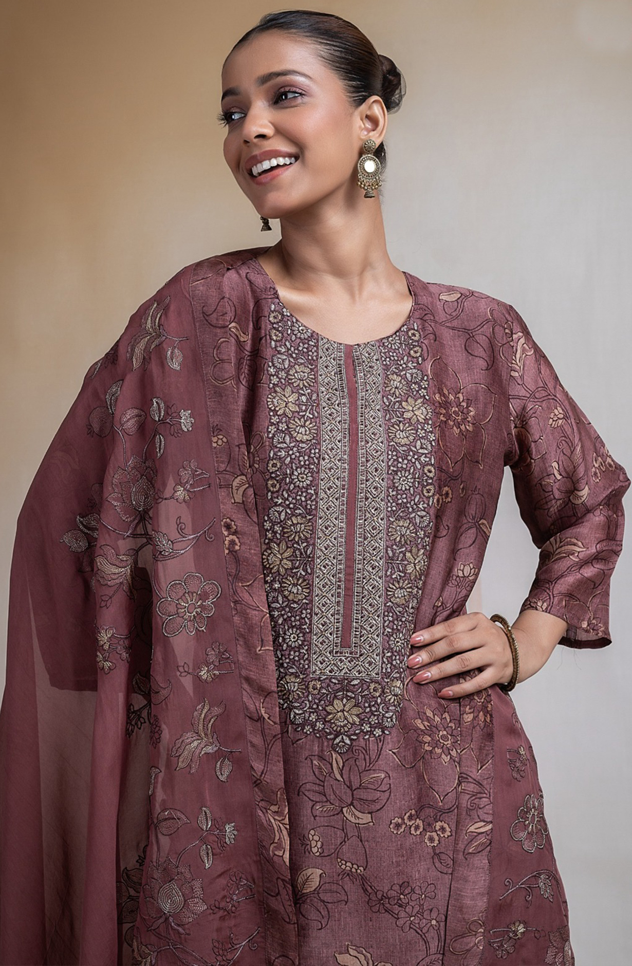 Coffee Printed Silk Suit with Dupatta - R157-SPR2391C