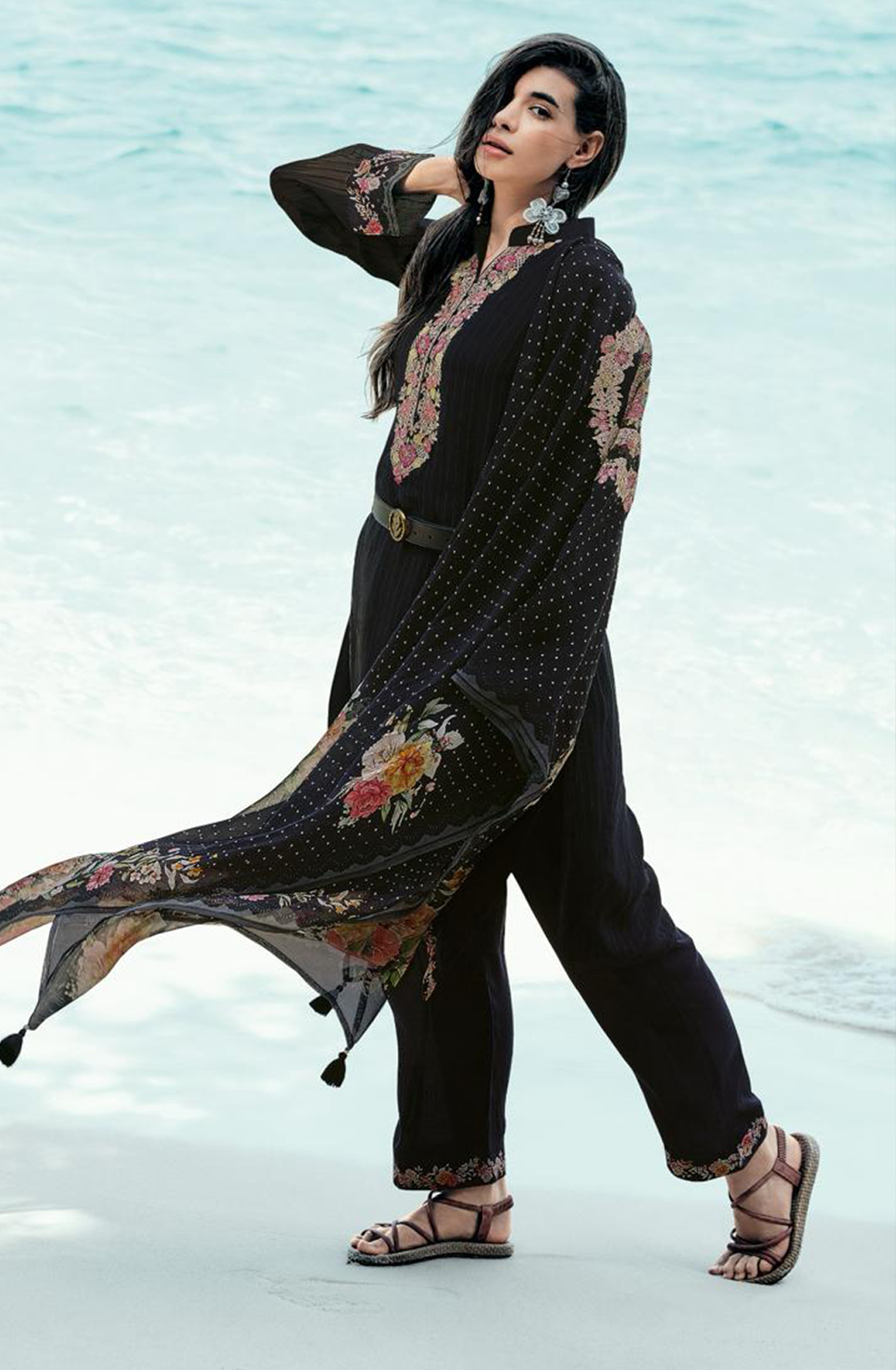 Black Viscose Organza Embroidered Suit Set with Dupatta - MEHMR01