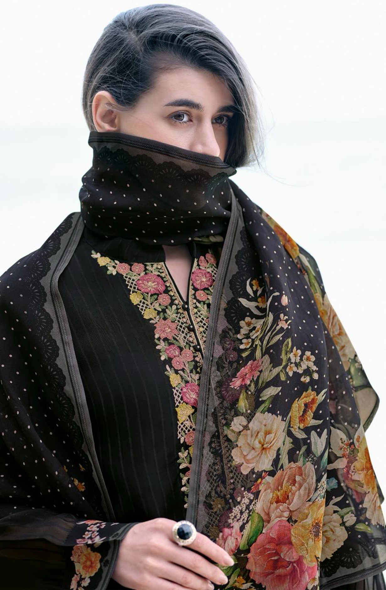 Black Viscose Organza Embroidered Suit Set with Dupatta - MEHMR01