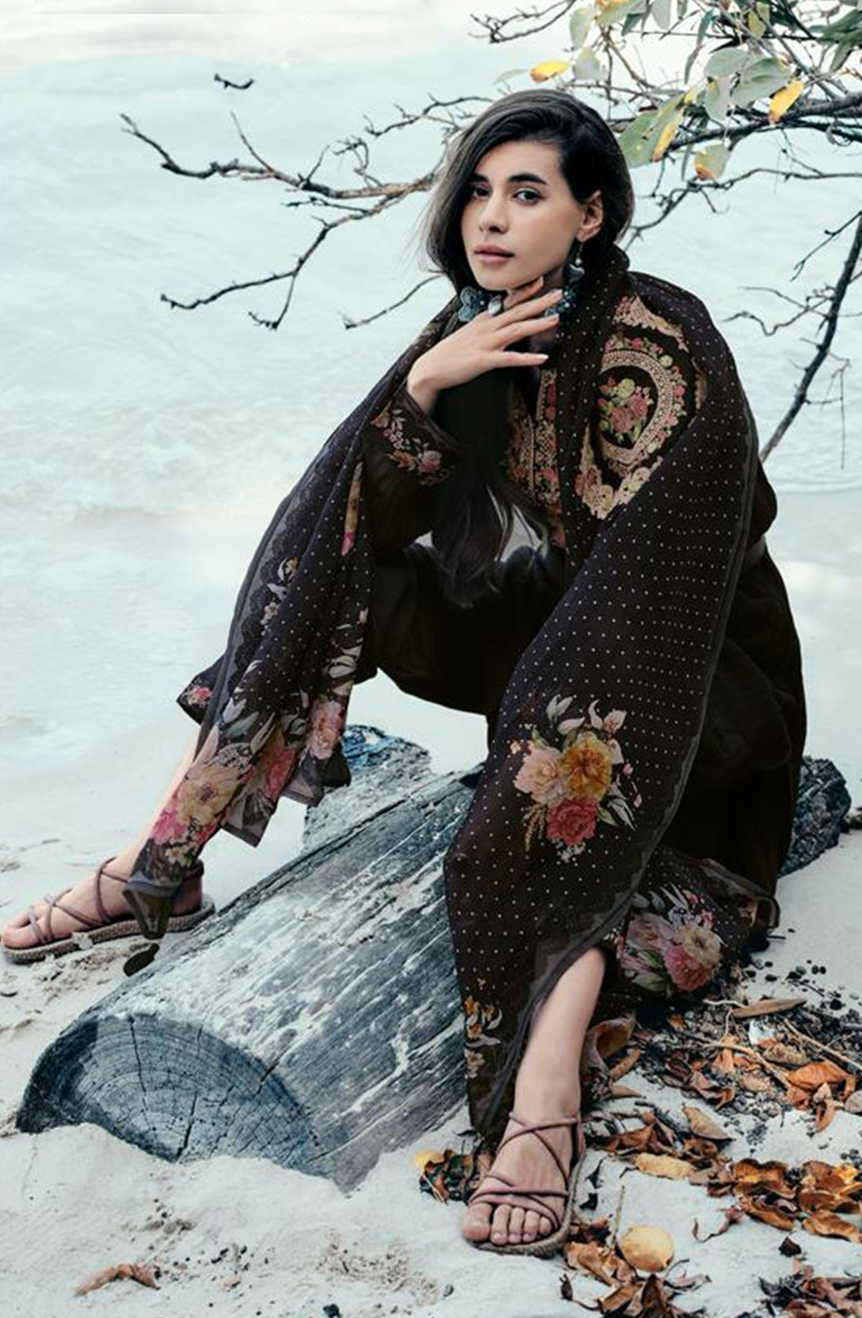 Black Viscose Organza Embroidered Suit Set with Dupatta - MEHMR01