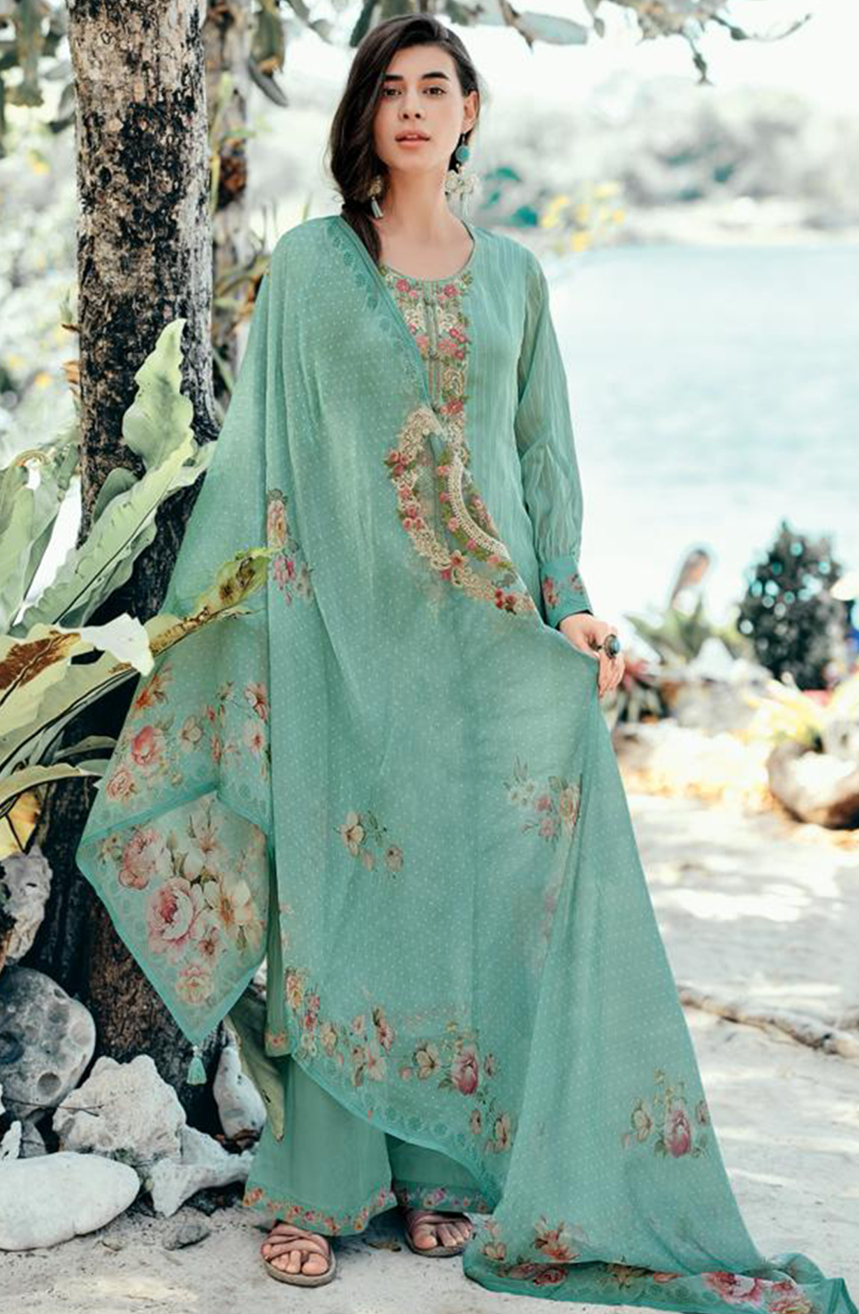 Sea Green Viscose Organza Embroidered Suit Set with Dupatta - MEHMR02