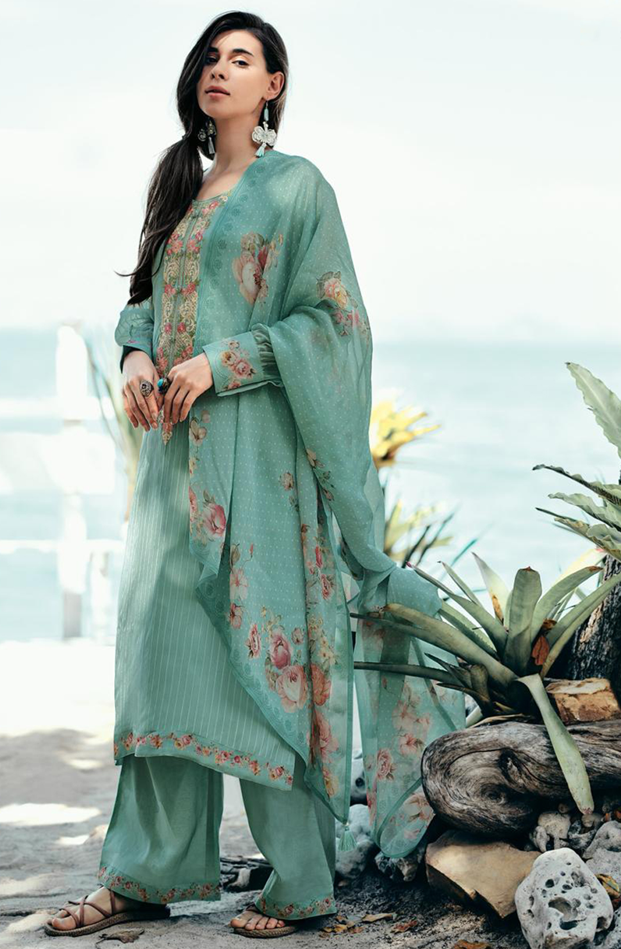 Sea Green Viscose Organza Embroidered Suit Set with Dupatta - MEHMR02