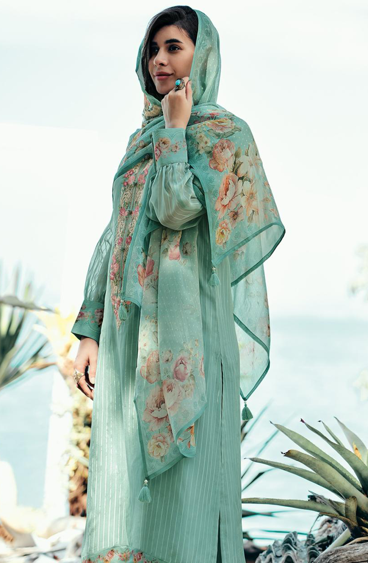 Sea Green Viscose Organza Embroidered Suit Set with Dupatta - MEHMR02