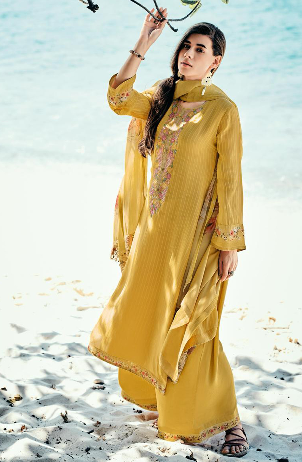 Yellow Viscose Organza Embroidered Suit Set with Dupatta - MEHMR04