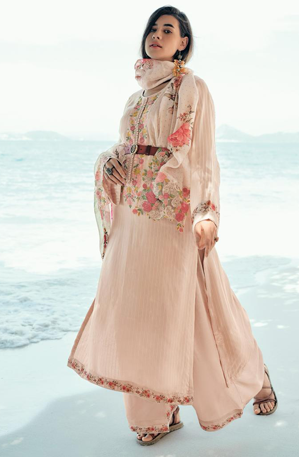 Beige Viscose Organza Embroidered Suit Set with Dupatta - MEHMR06