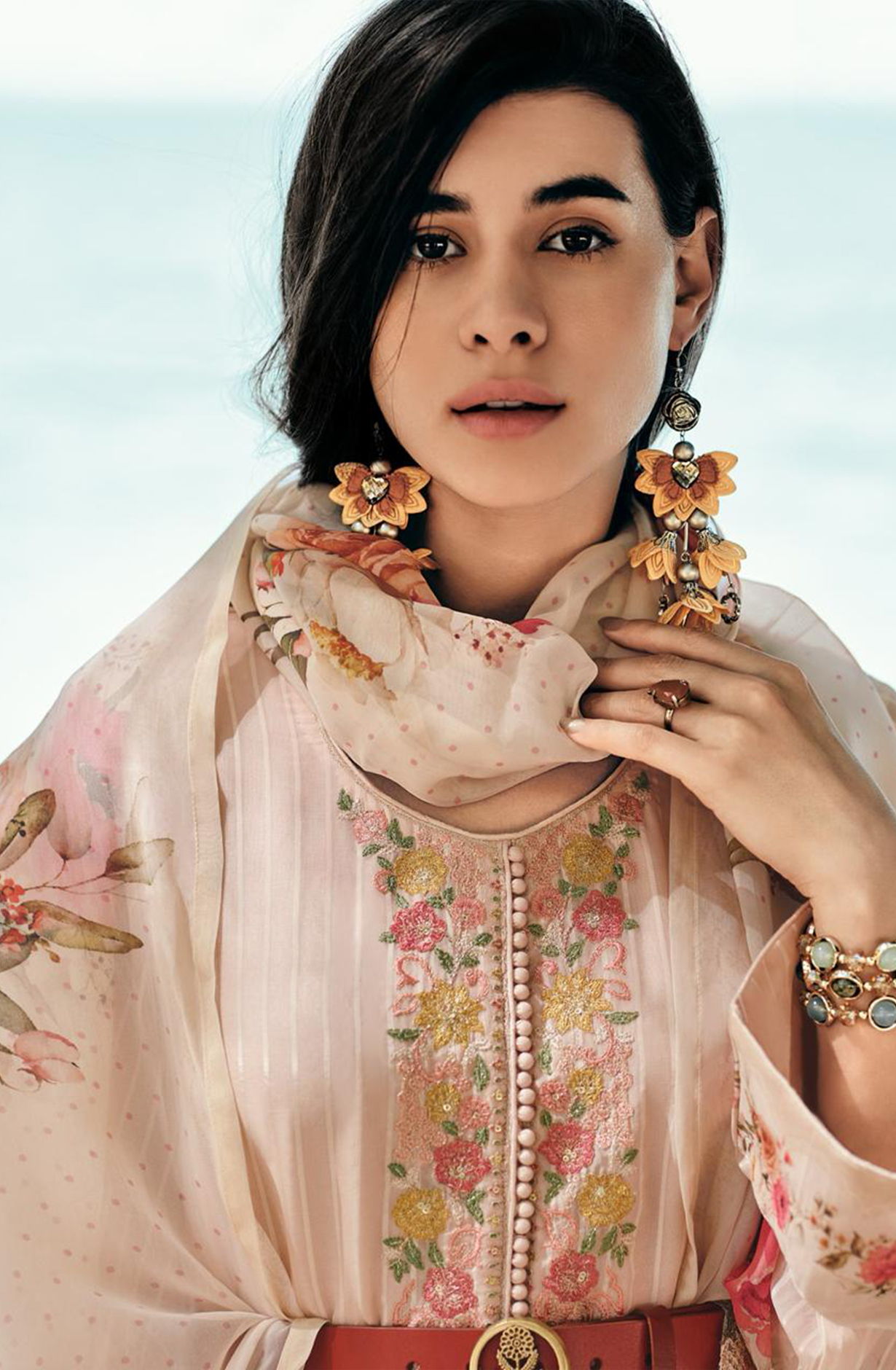 Beige Viscose Organza Embroidered Suit Set with Dupatta - MEHMR06