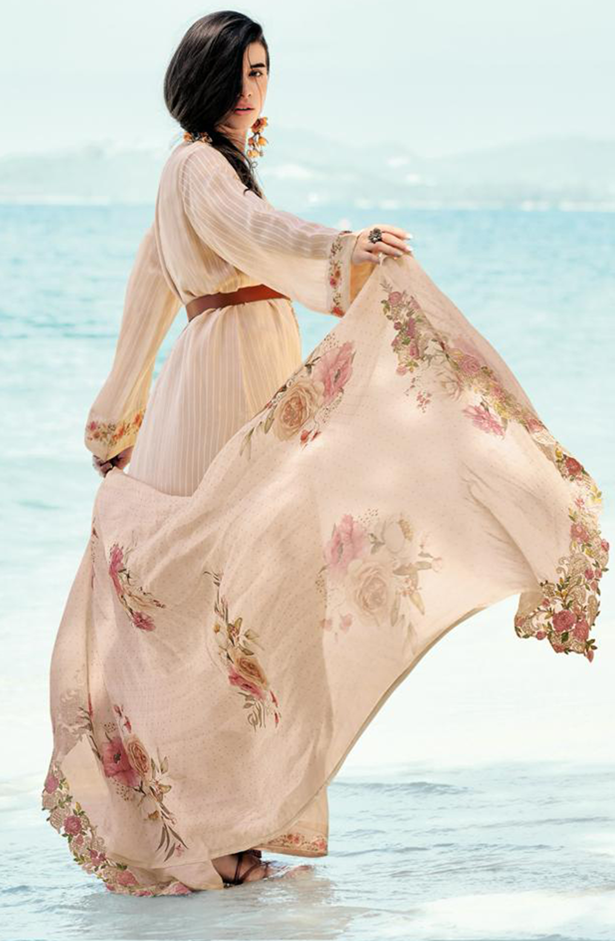 Beige Viscose Organza Embroidered Suit Set with Dupatta - MEHMR06