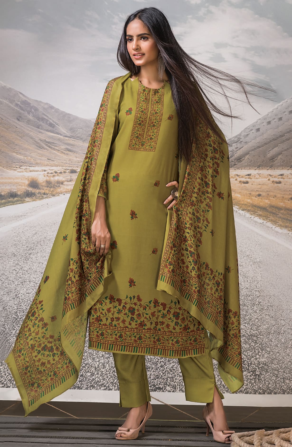Mehndi Green Spun Winter Unstitched Salwar Suit Dupatta Set - MEH3014