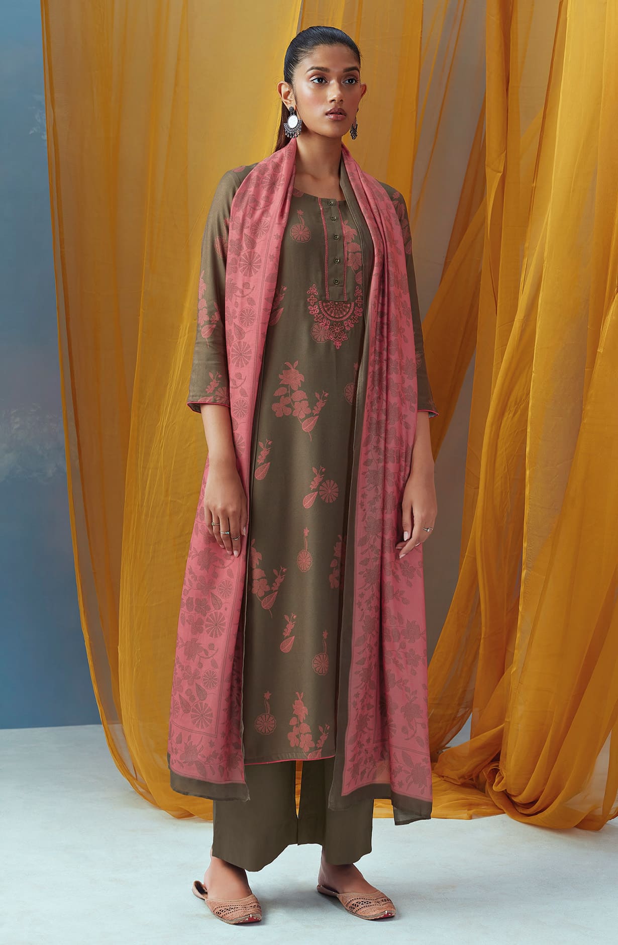 Mehndi Spun Winterwear Printed Unstitched Salwar Kameez - KEYS1189D