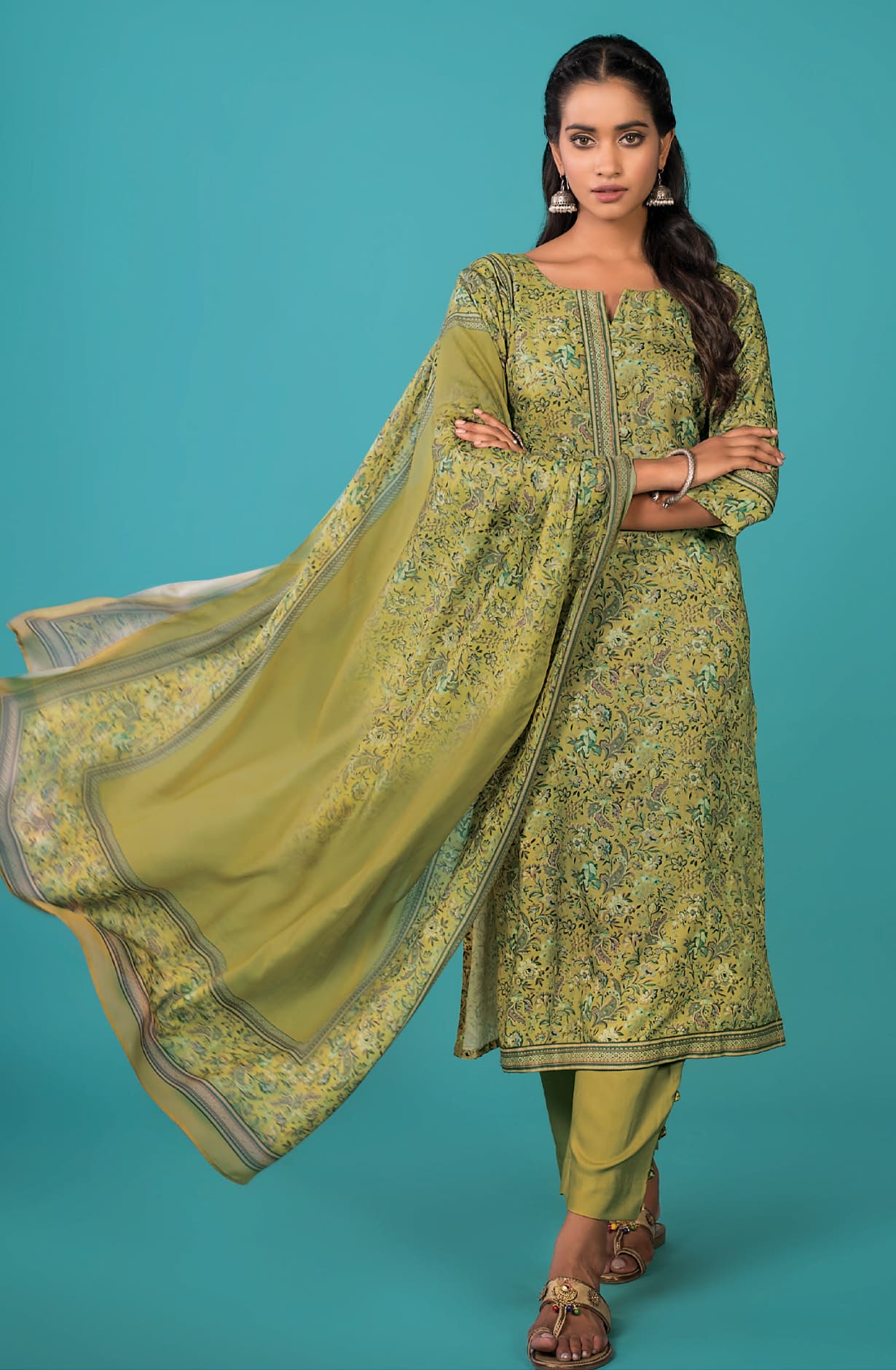 Mehndi Spun Winterwear Unstitched Salwar Kameez Dupatta Set - WAQ3722