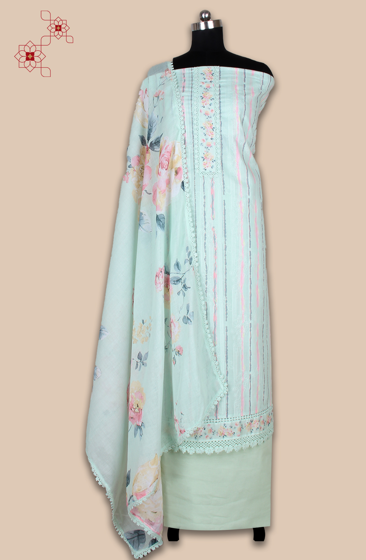 Pista Green Cotton Printed with Embroidery Salwar Suit with Lace Work - MEL1130A