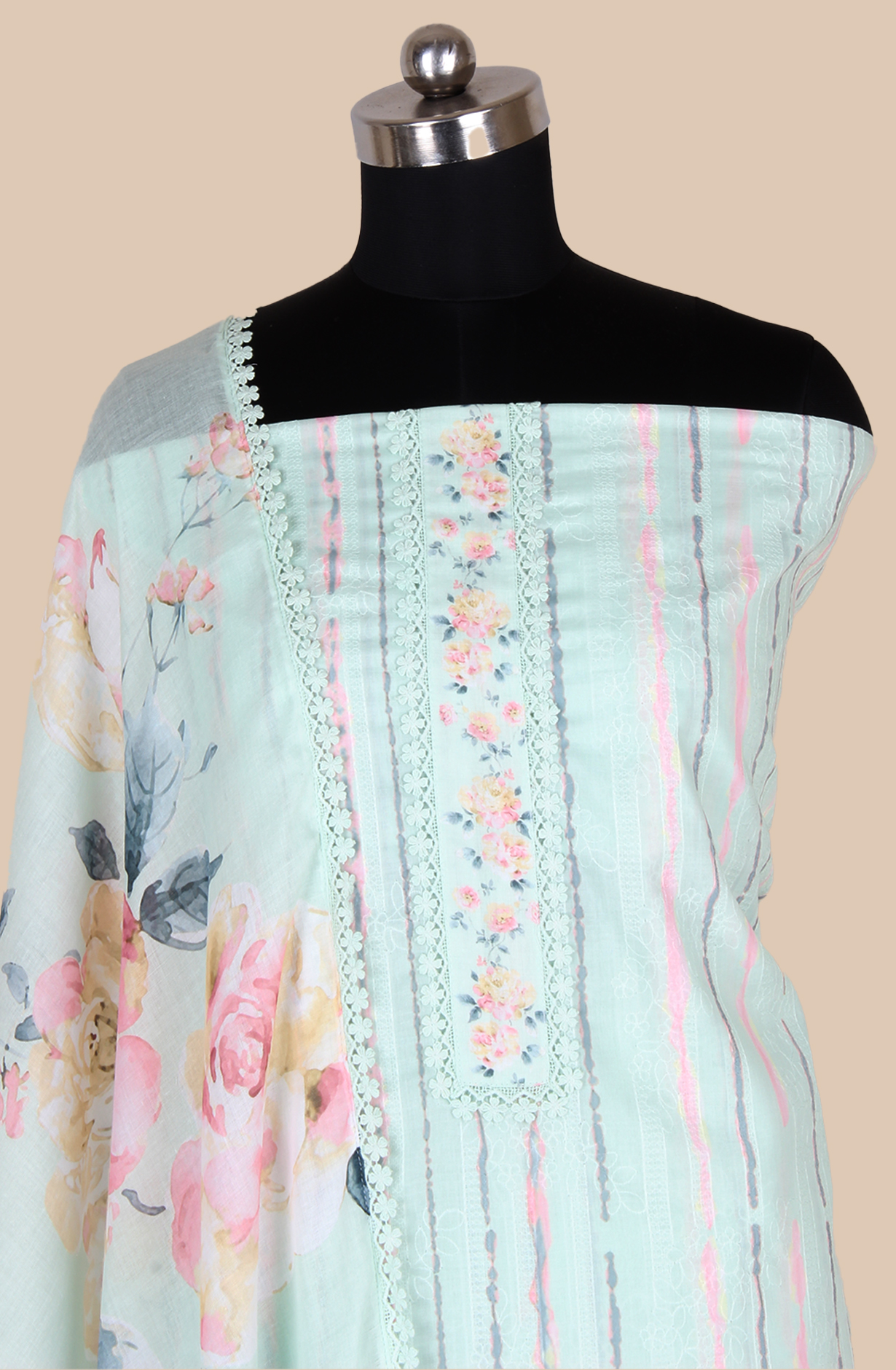 Pista Green Cotton Printed with Embroidery Salwar Suit with Lace Work - MEL1130A