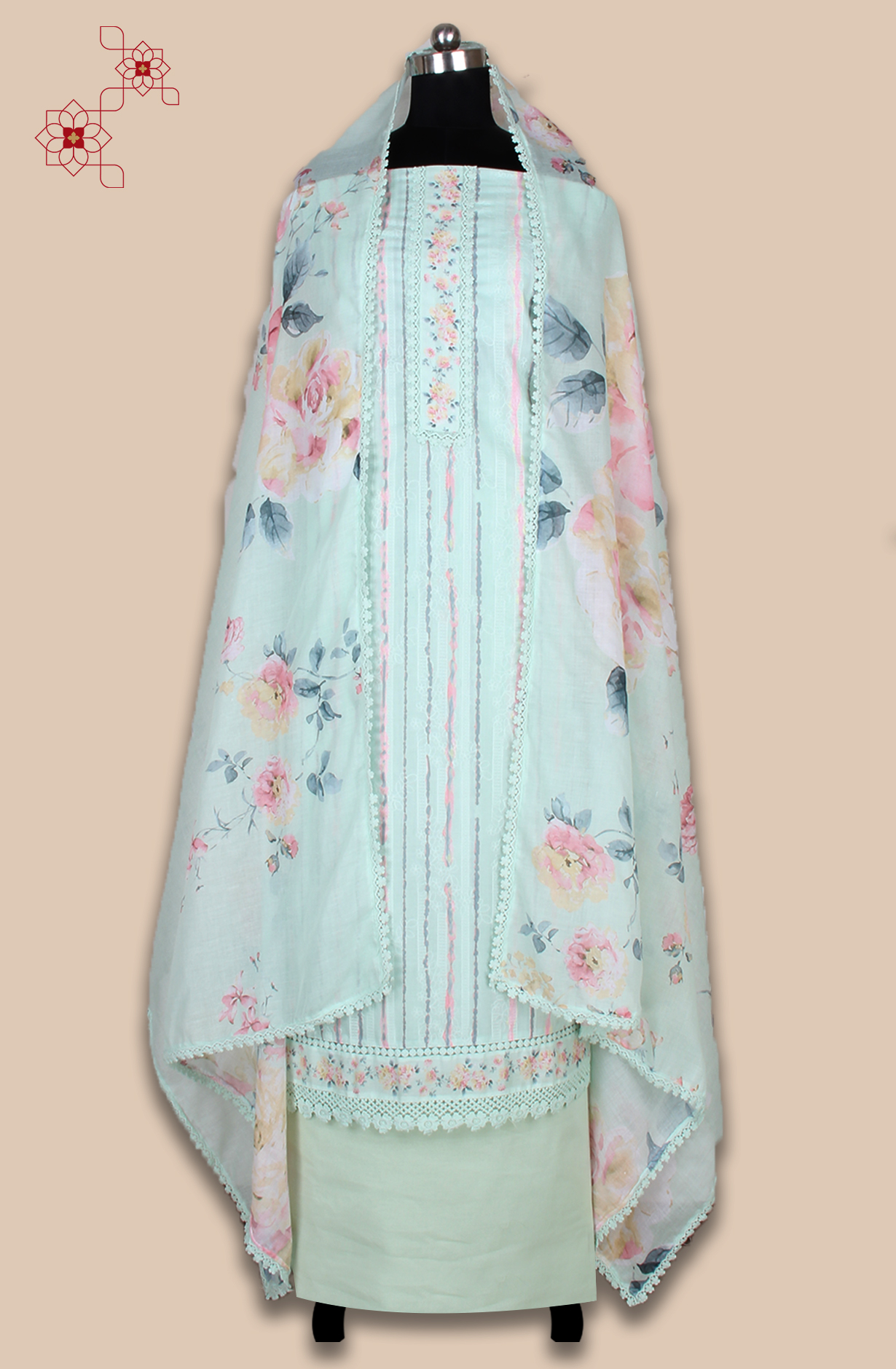 Pista Green Cotton Printed with Embroidery Salwar Suit with Lace Work - MEL1130A