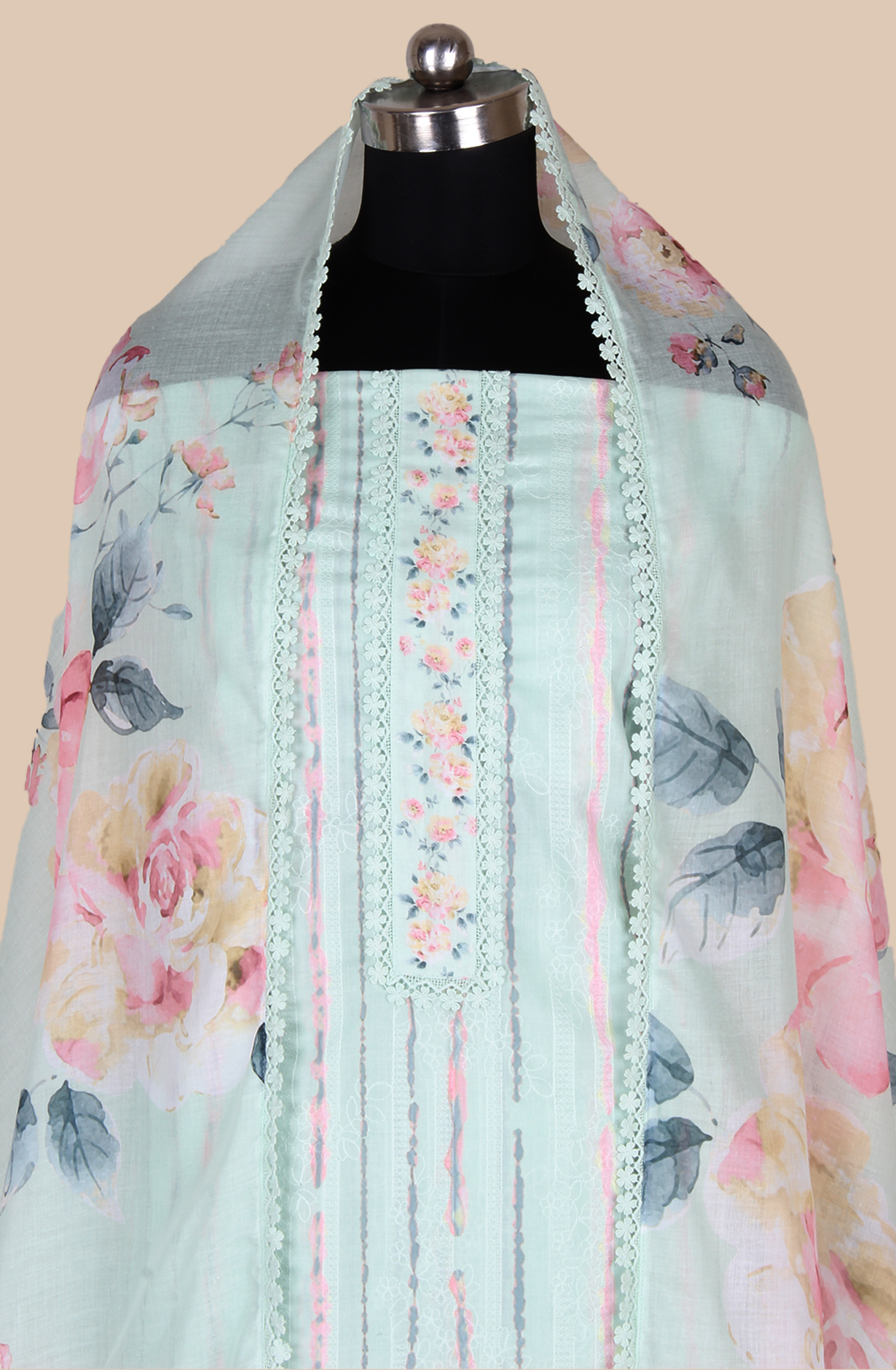 Pista Green Cotton Printed with Embroidery Salwar Suit with Lace Work - MEL1130A