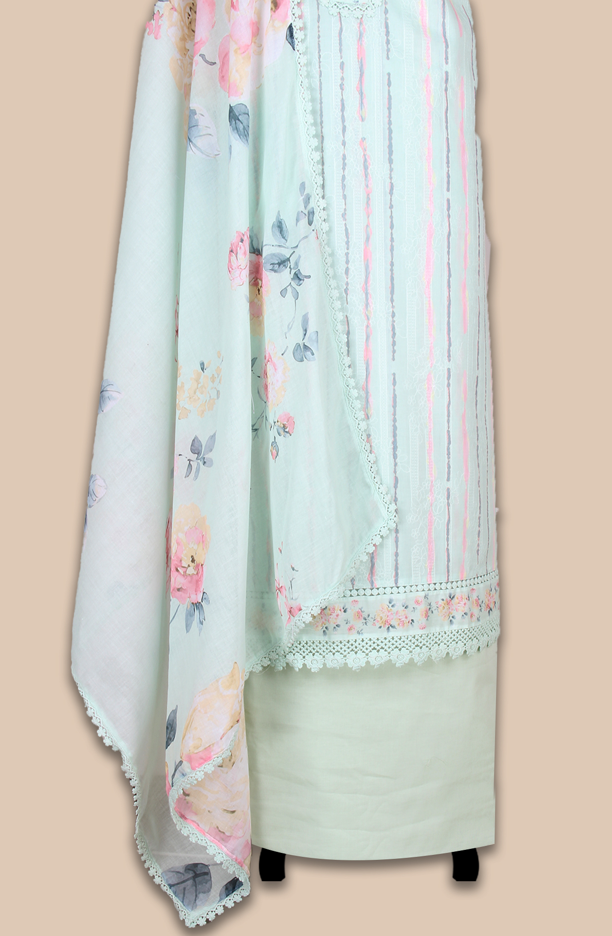 Pista Green Cotton Printed with Embroidery Salwar Suit with Lace Work - MEL1130A