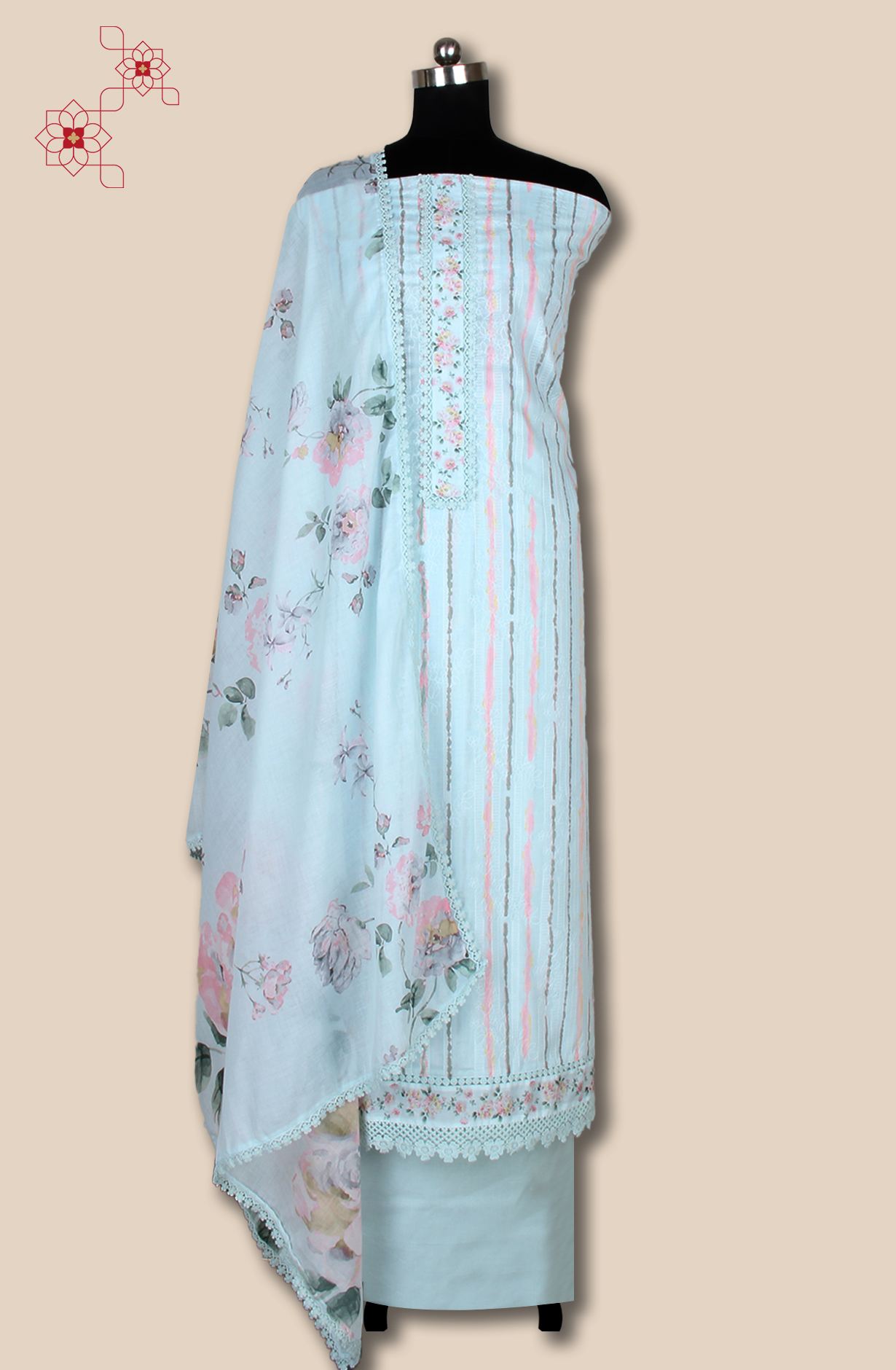 Mint Blue Cotton Printed with Embroidery Salwar Suit with Lace Work - MEL1130B