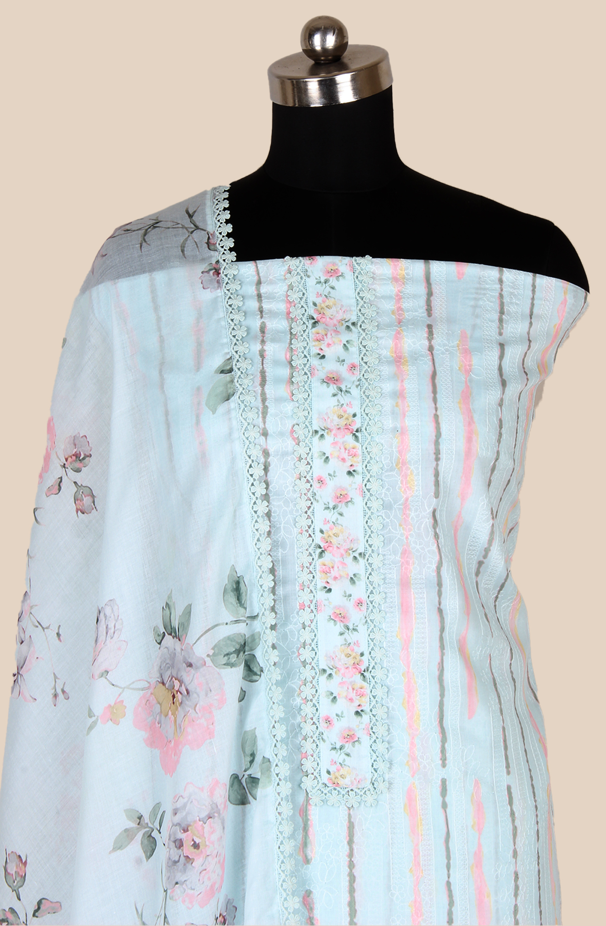 Mint Blue Cotton Printed with Embroidery Salwar Suit with Lace Work - MEL1130B