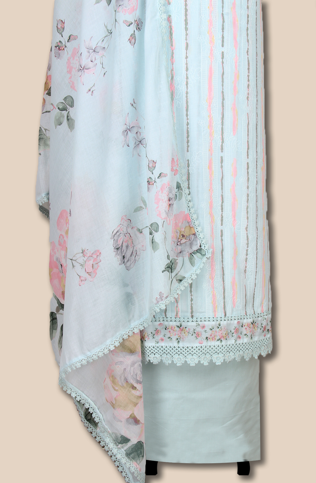 Mint Blue Cotton Printed with Embroidery Salwar Suit with Lace Work - MEL1130B