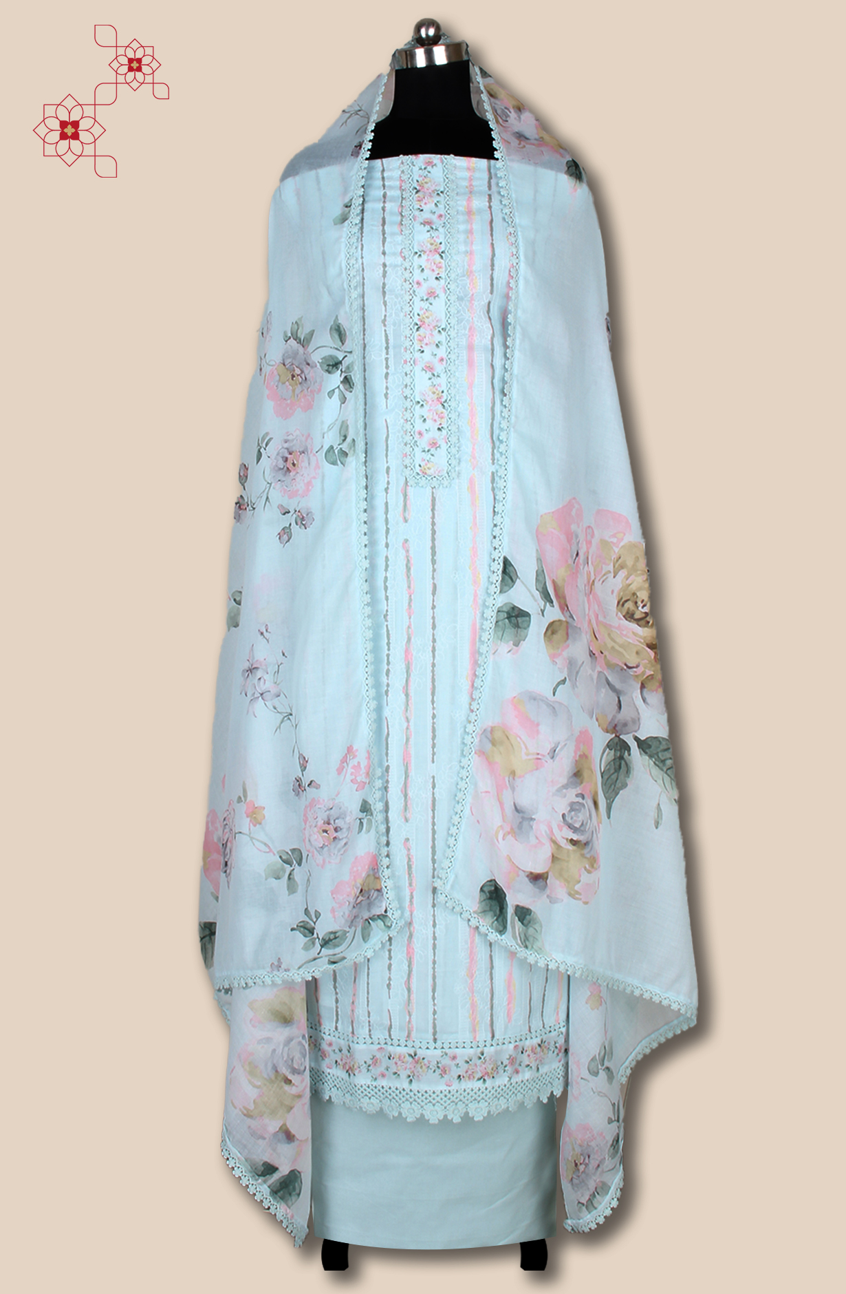 Mint Blue Cotton Printed with Embroidery Salwar Suit with Lace Work - MEL1130B