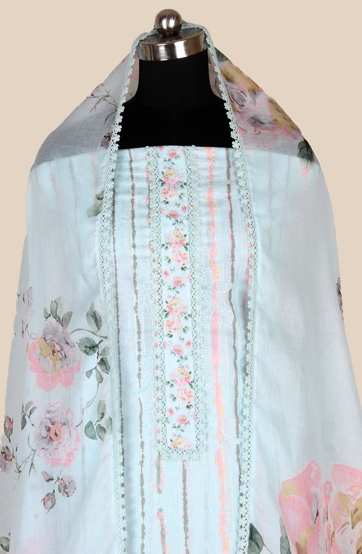 Mint Blue Cotton Printed with Embroidery Salwar Suit with Lace Work - MEL1130B