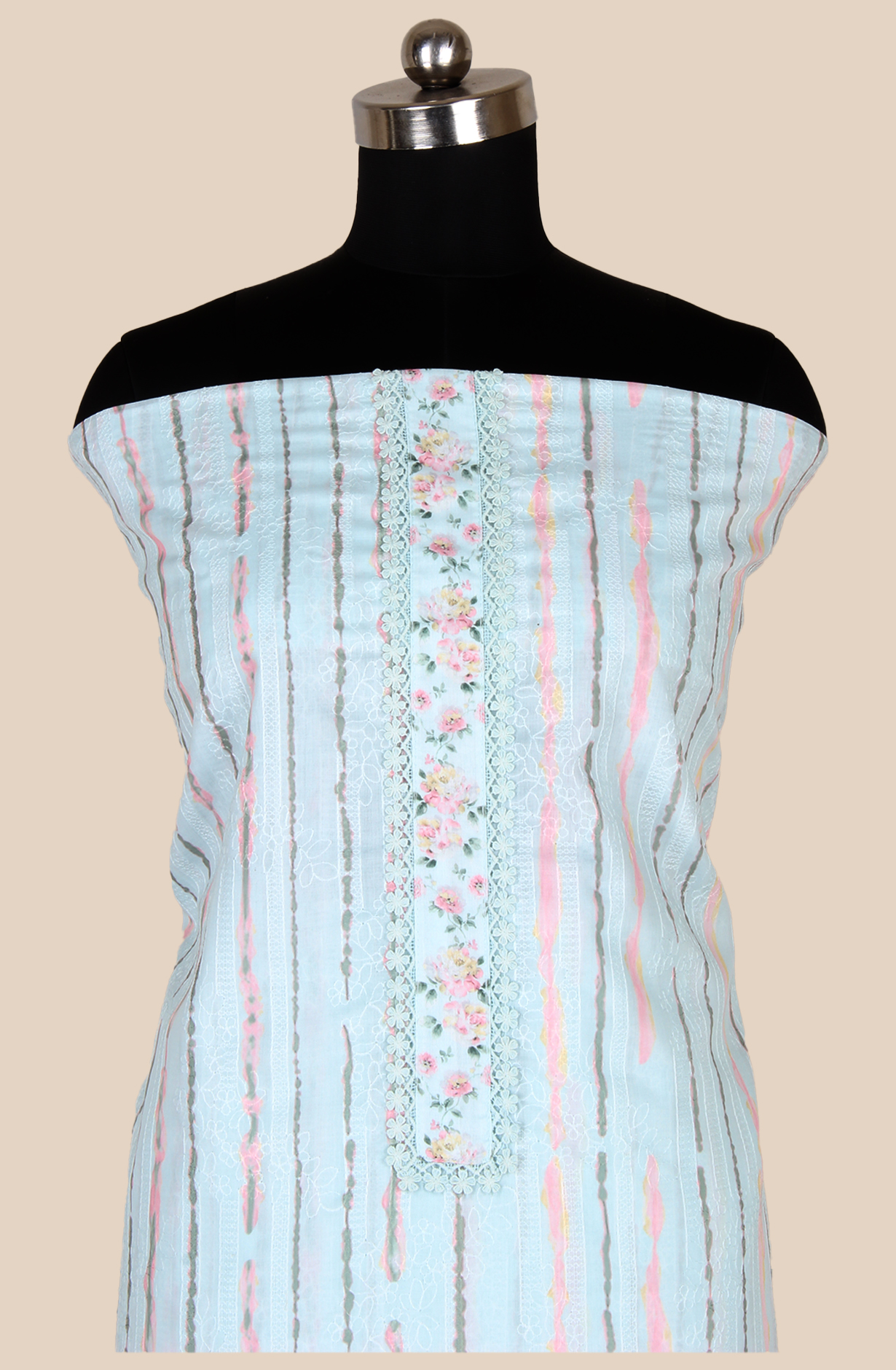 Mint Blue Cotton Printed with Embroidery Salwar Suit with Lace Work - MEL1130B