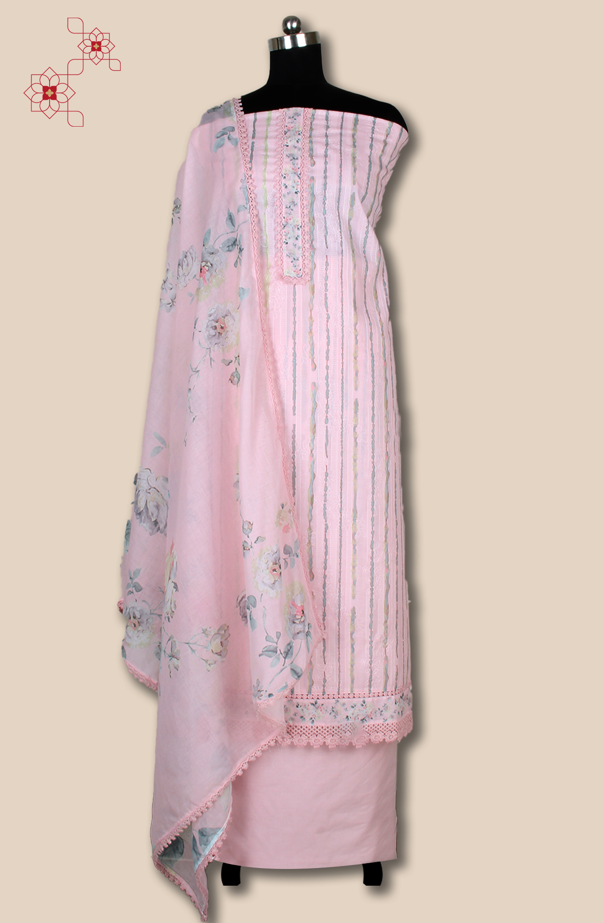 Baby Pink Cotton Printed with Embroidery Salwar Suit with Lace Work - MEL1130C