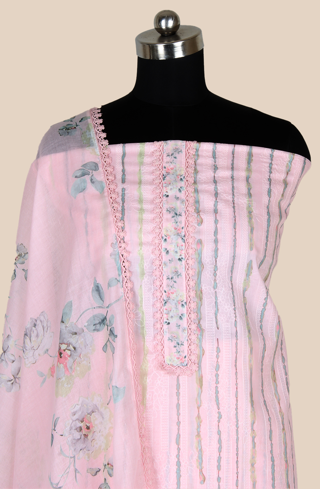 Baby Pink Cotton Printed with Embroidery Salwar Suit with Lace Work - MEL1130C