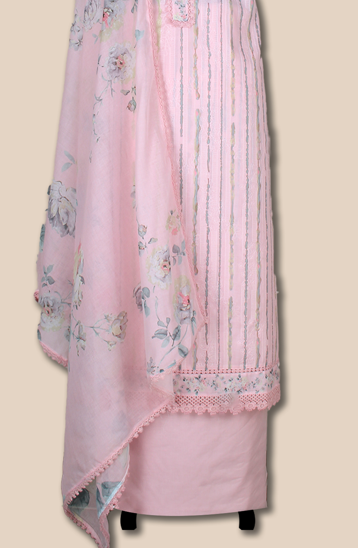 Baby Pink Cotton Printed with Embroidery Salwar Suit with Lace Work - MEL1130C