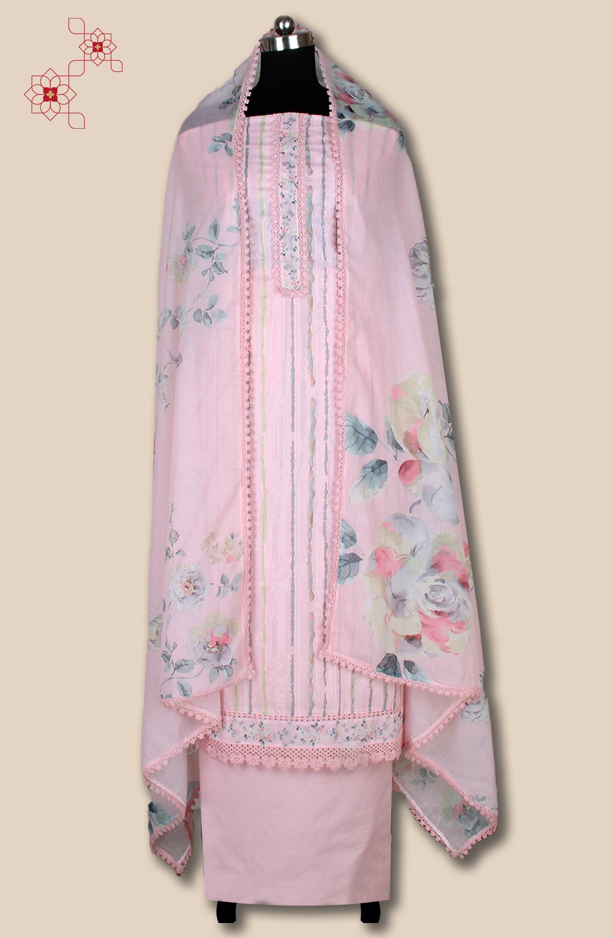 Baby Pink Cotton Printed with Embroidery Salwar Suit with Lace Work - MEL1130C