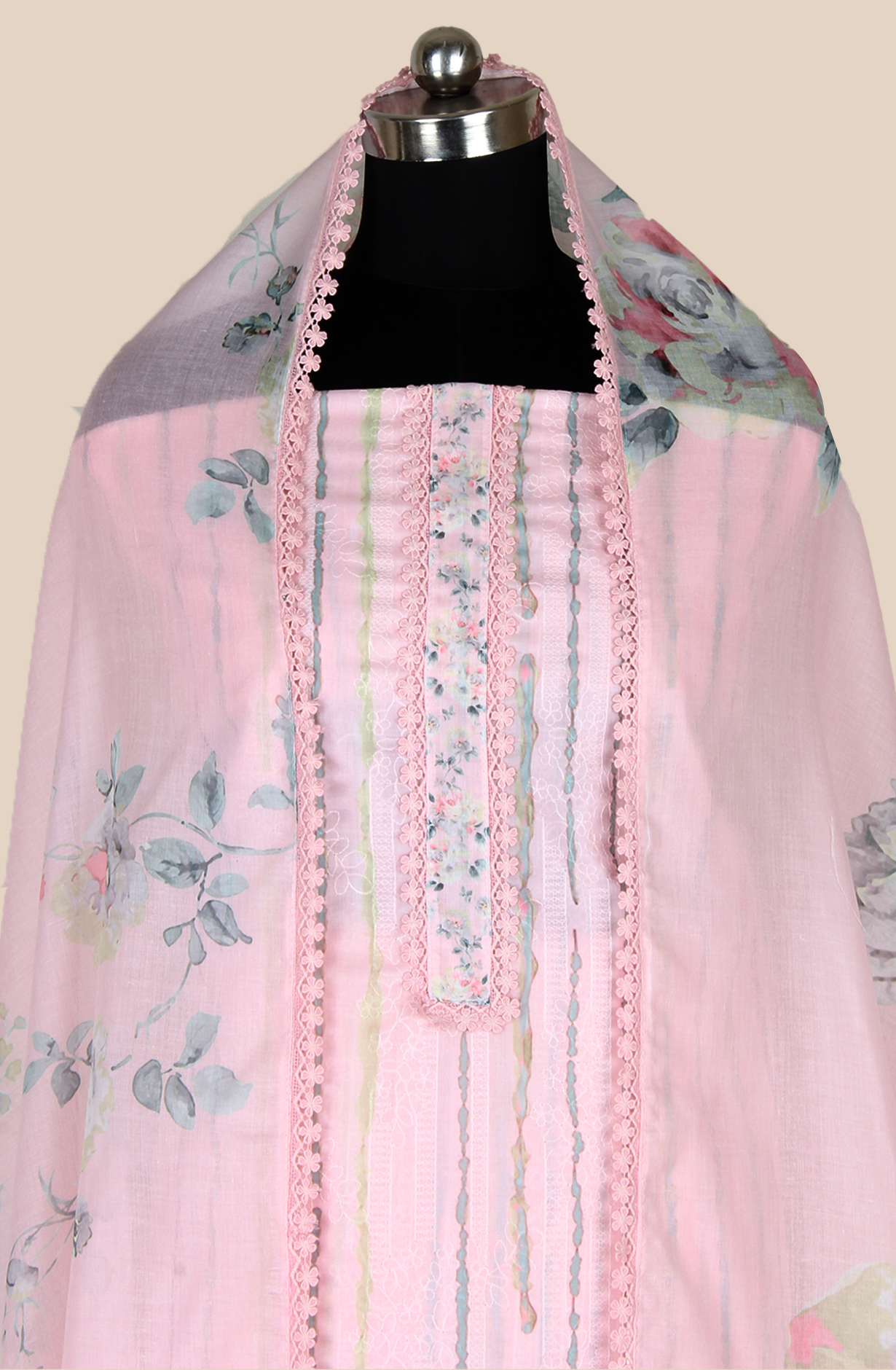 Baby Pink Cotton Printed with Embroidery Salwar Suit with Lace Work - MEL1130C