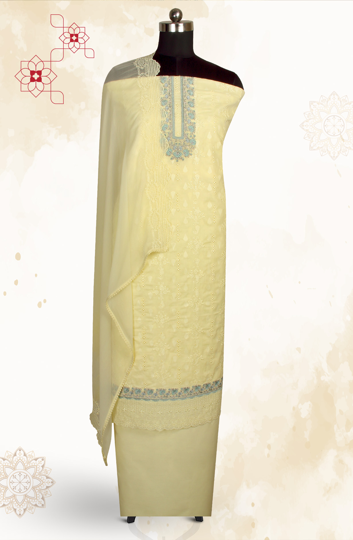 Yellow Pure Cotton Embroidered Salwar Kameez with Chiffon Dupatta - MELNS13783A