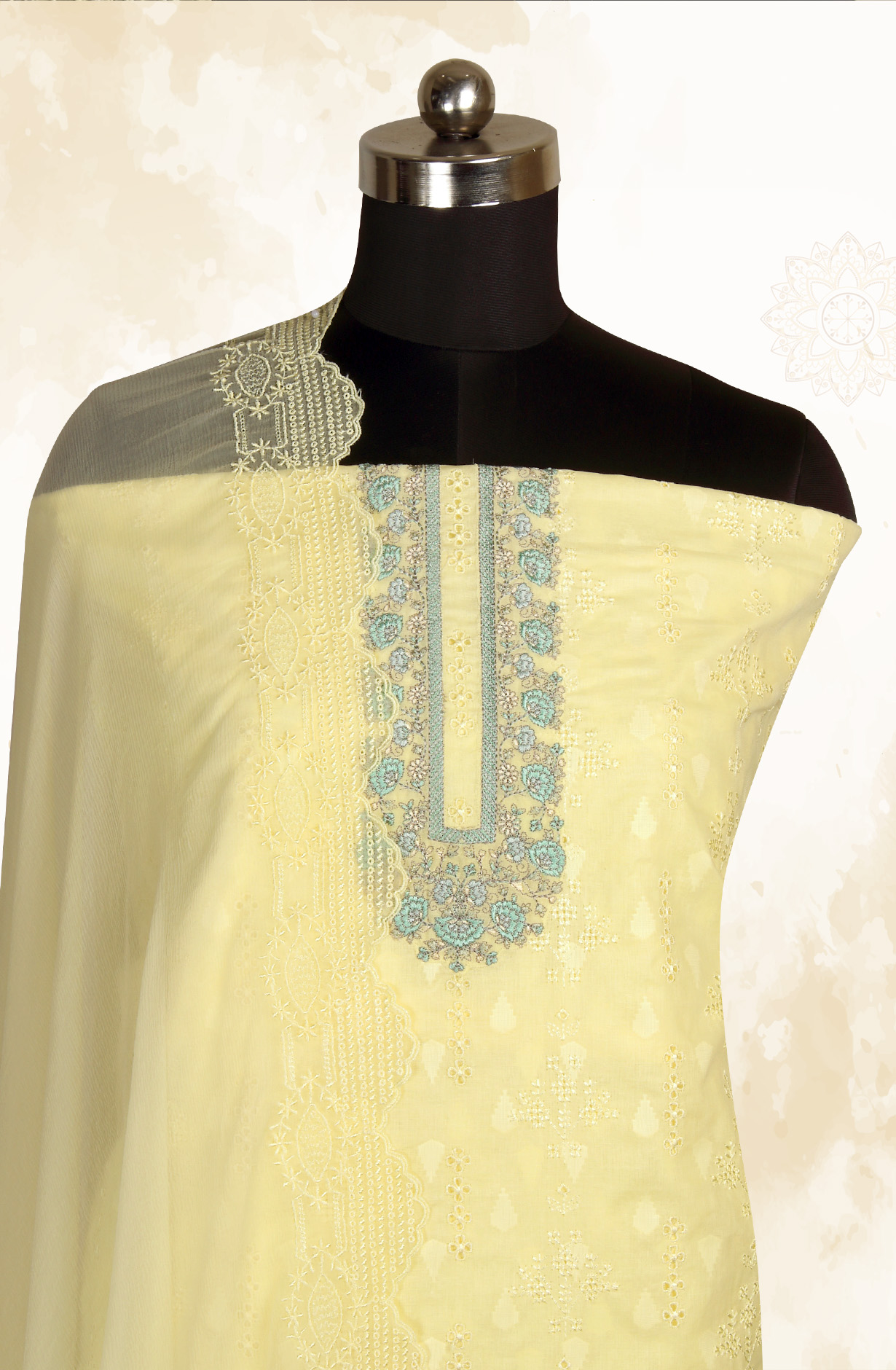 Yellow Pure Cotton Embroidered Salwar Kameez with Chiffon Dupatta - MELNS13783A