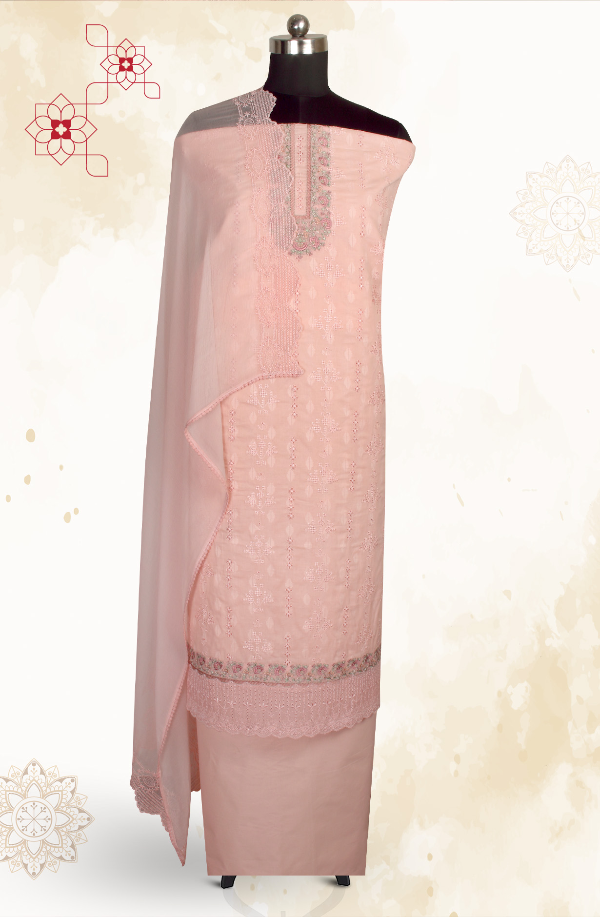 Pink Pure Cotton Embroidered Salwar Kameez with Chiffon Dupatta - MELNS13783B