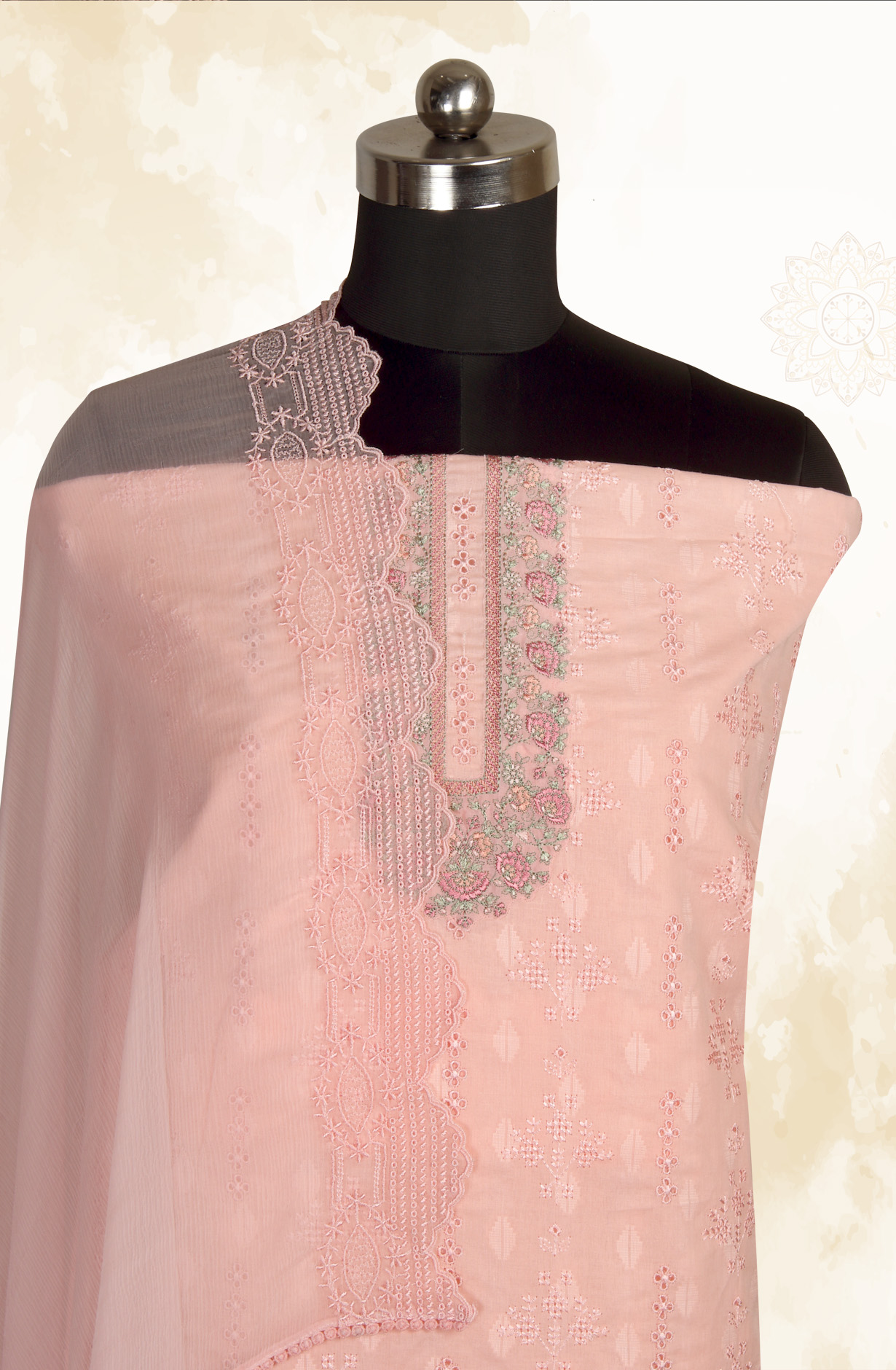 Pink Pure Cotton Embroidered Salwar Kameez with Chiffon Dupatta - MELNS13783B