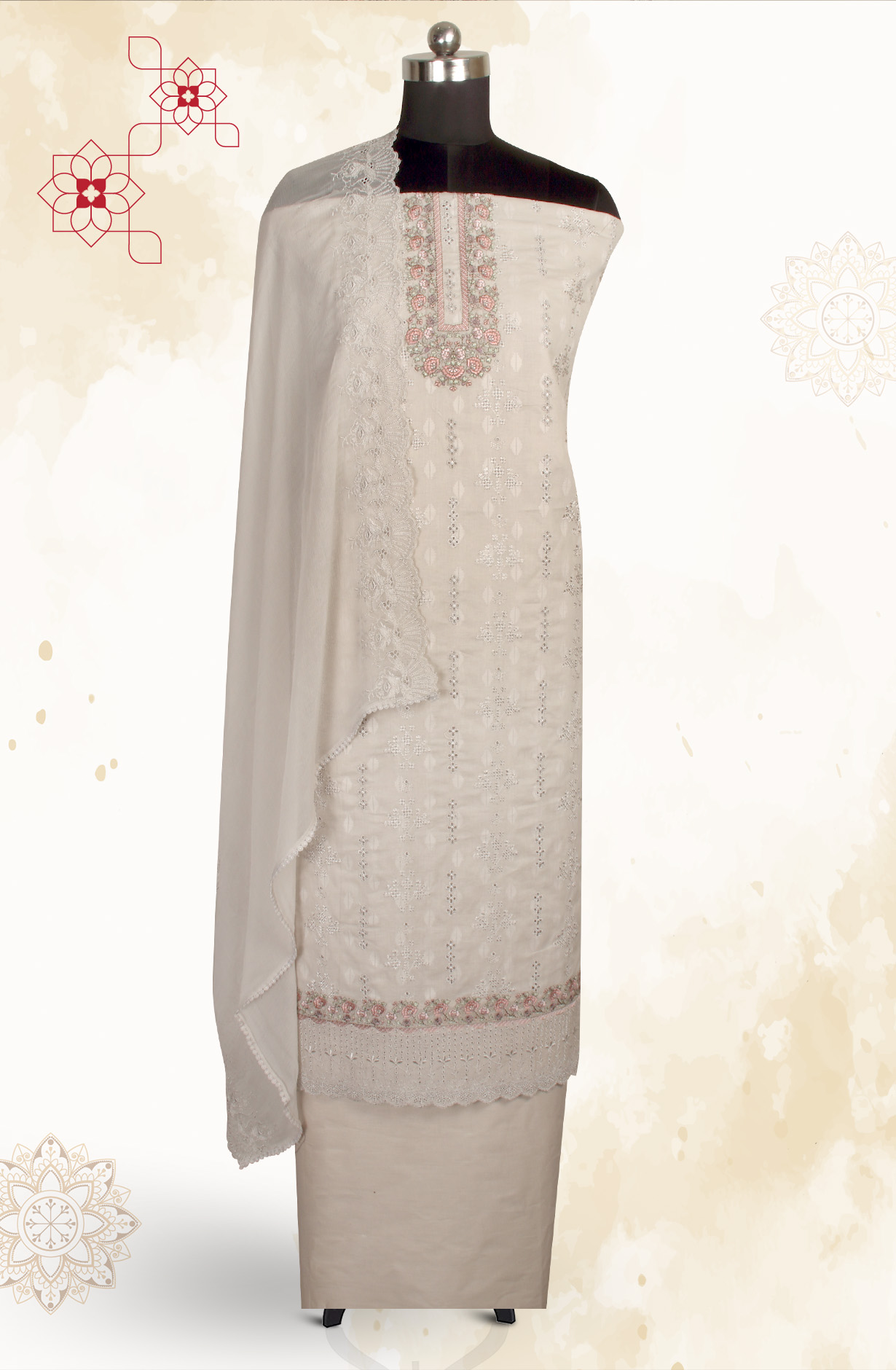 Grey Pure Cotton Embroidered Salwar Kameez with Chiffon Dupatta - MELNS13783C