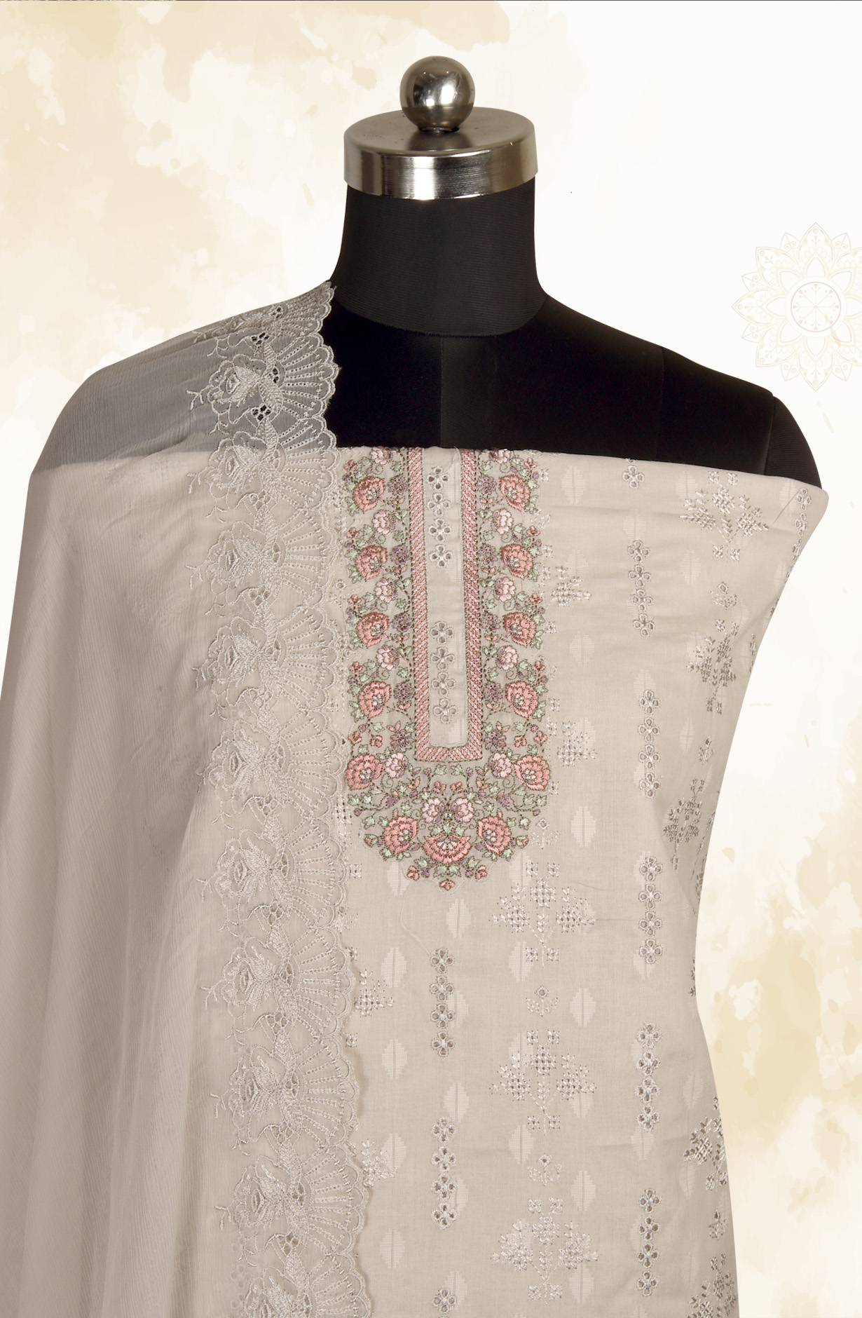 Grey Pure Cotton Embroidered Salwar Kameez with Chiffon Dupatta - MELNS13783C