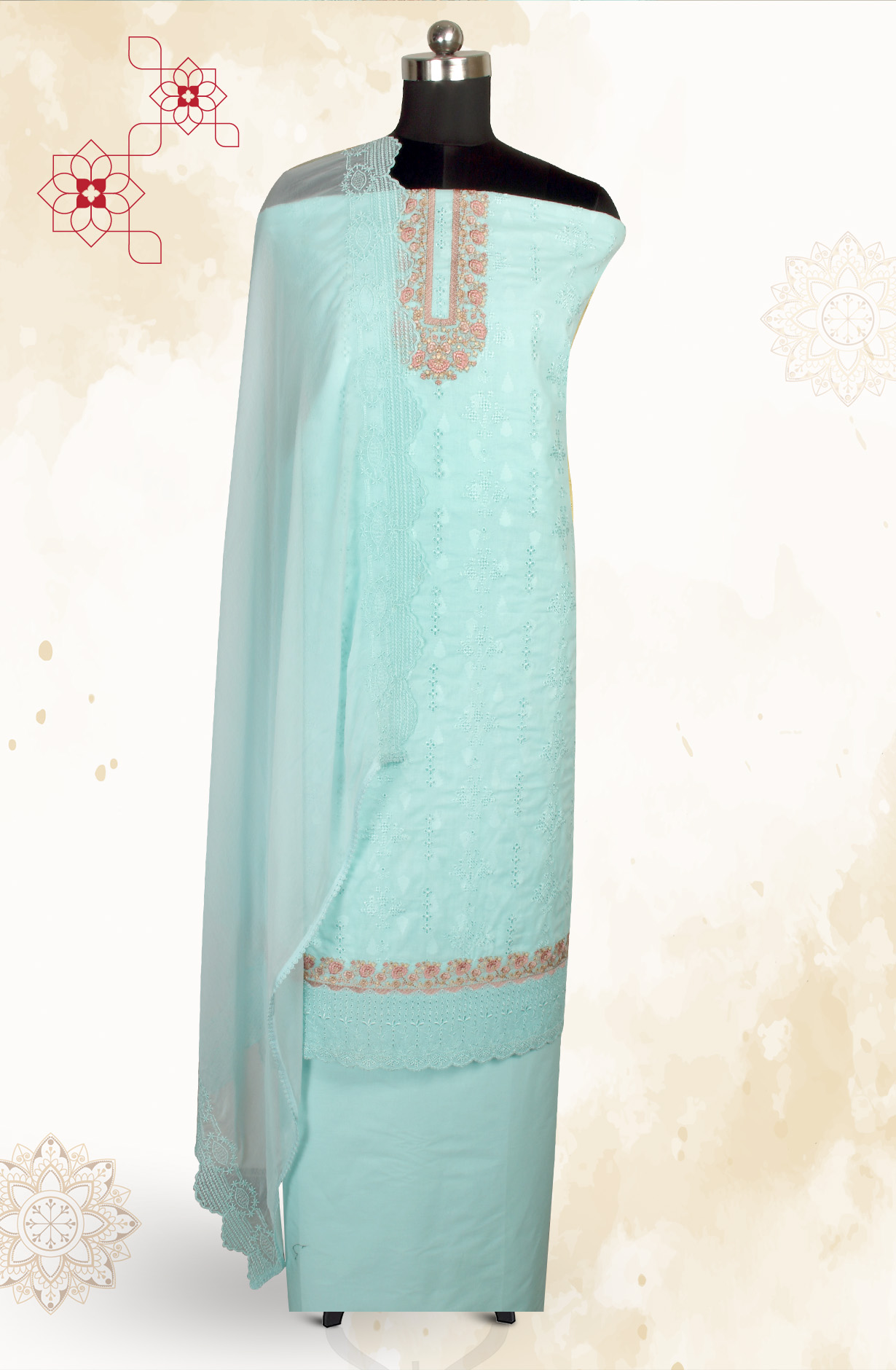 Aqua Pure Cotton Embroidered Salwar Kameez with Chiffon Dupatta - MELNS13783D
