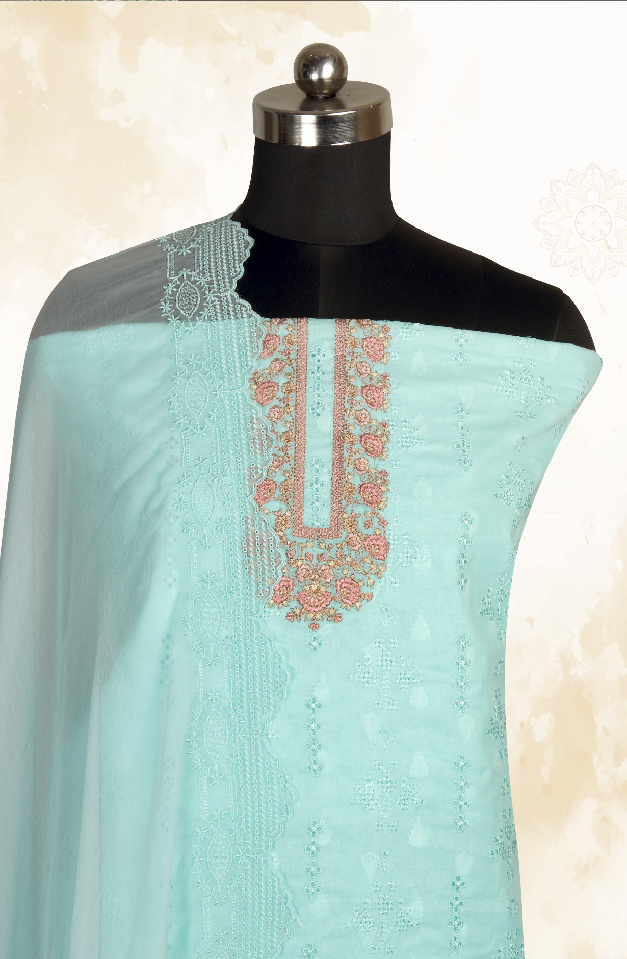 Aqua Pure Cotton Embroidered Salwar Kameez with Chiffon Dupatta - MELNS13783D