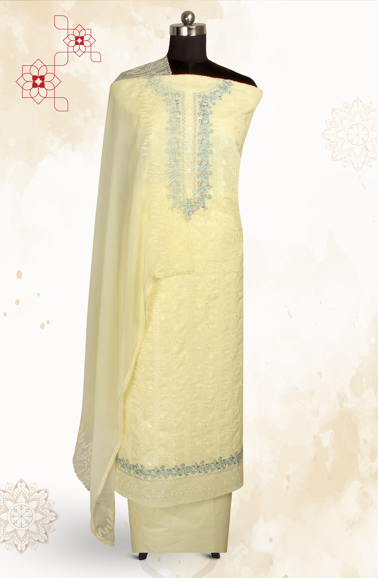 Yellow Pure Cotton Embroidered Salwar Kameez with Chiffon Dupatta - MELNS13788A