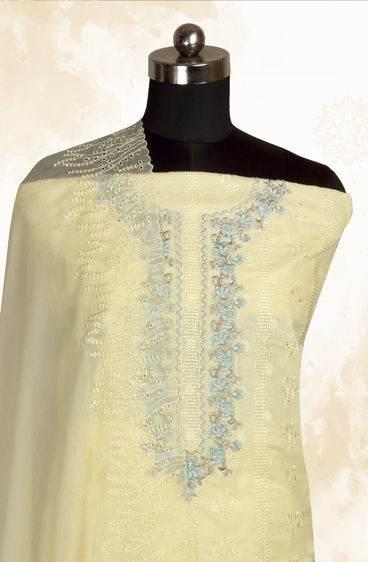 Yellow Pure Cotton Embroidered Salwar Kameez with Chiffon Dupatta - MELNS13788A