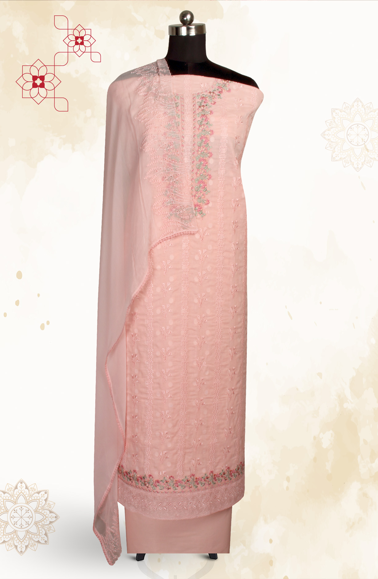 Pink Pure Cotton Embroidered Salwar Kameez with Chiffon Dupatta - MELNS13788B