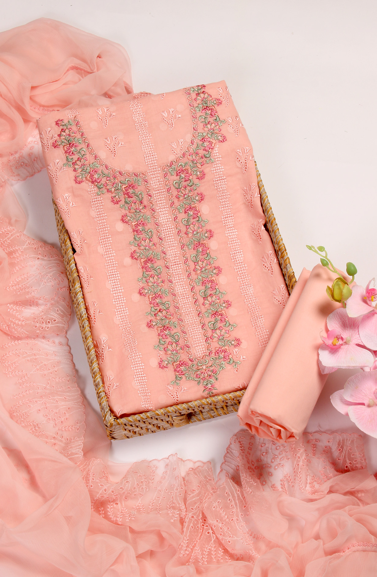 Pink Pure Cotton Embroidered Salwar Kameez with Chiffon Dupatta - MELNS13788B