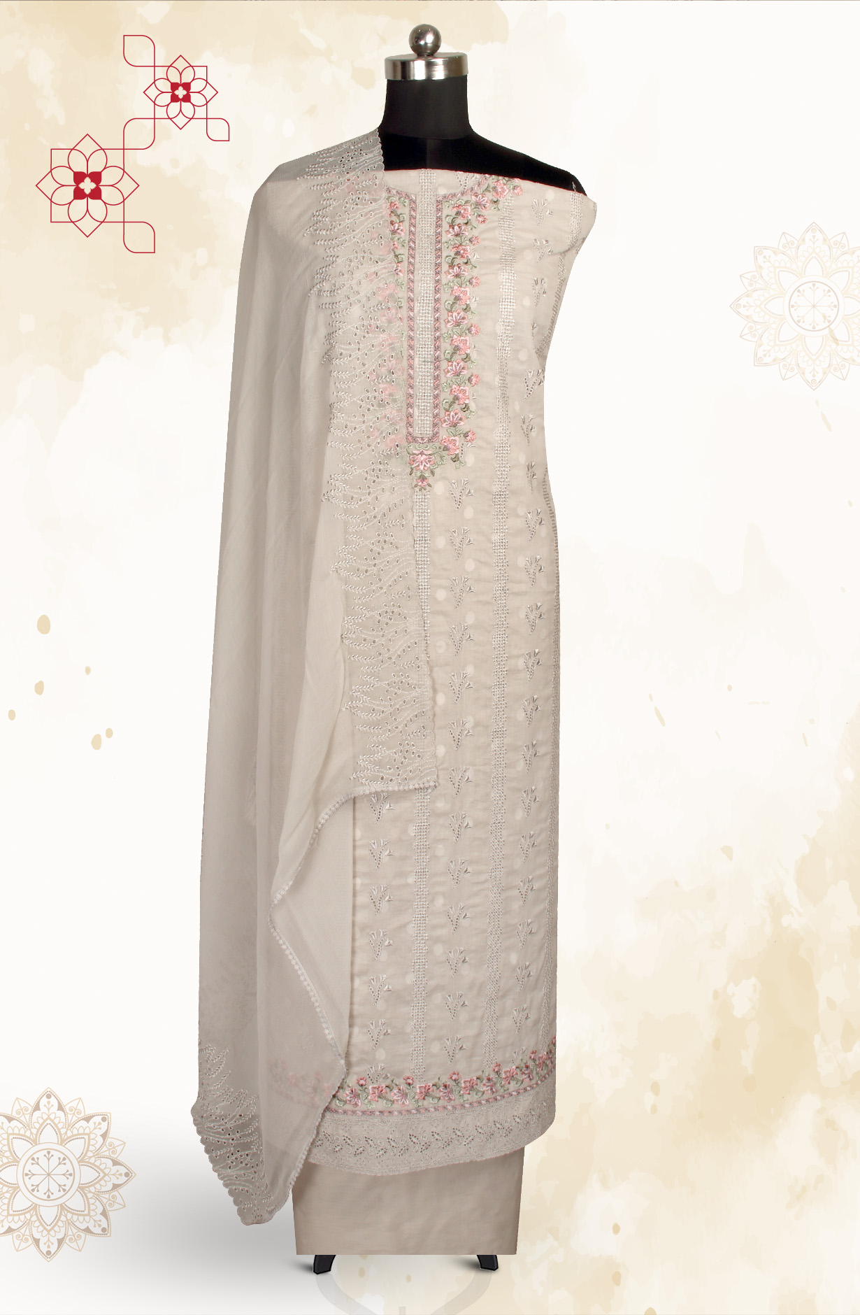 Grey Pure Cotton Embroidered Salwar Kameez with Chiffon Dupatta - MELNS13788C