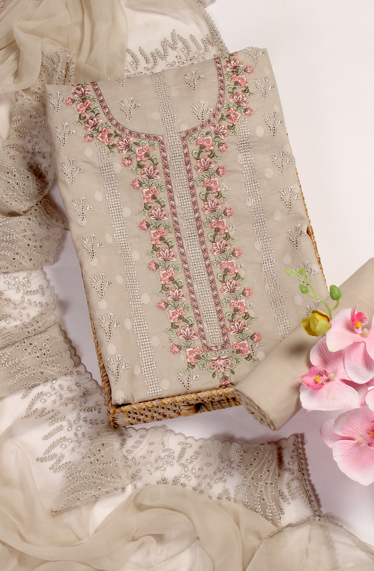 Grey Pure Cotton Embroidered Salwar Kameez with Chiffon Dupatta - MELNS13788C
