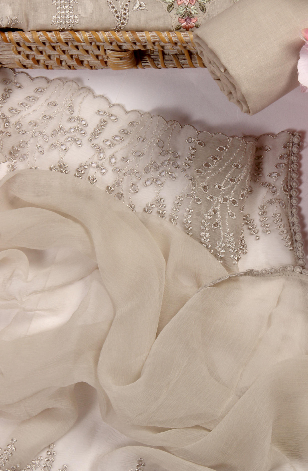 Grey Pure Cotton Embroidered Salwar Kameez with Chiffon Dupatta - MELNS13788C