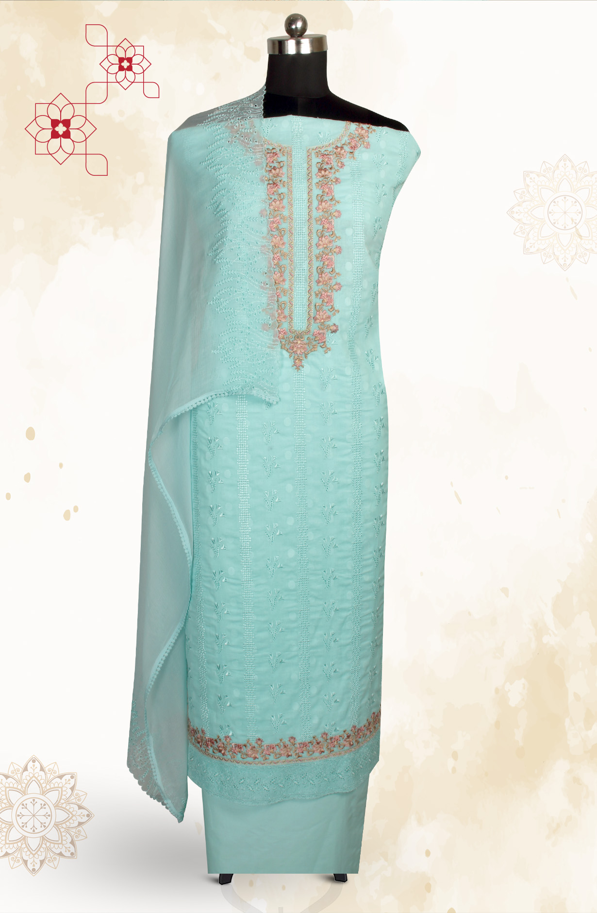Aqua Pure Cotton Embroidered Salwar Kameez with Chiffon Dupatta - MELNS13788D