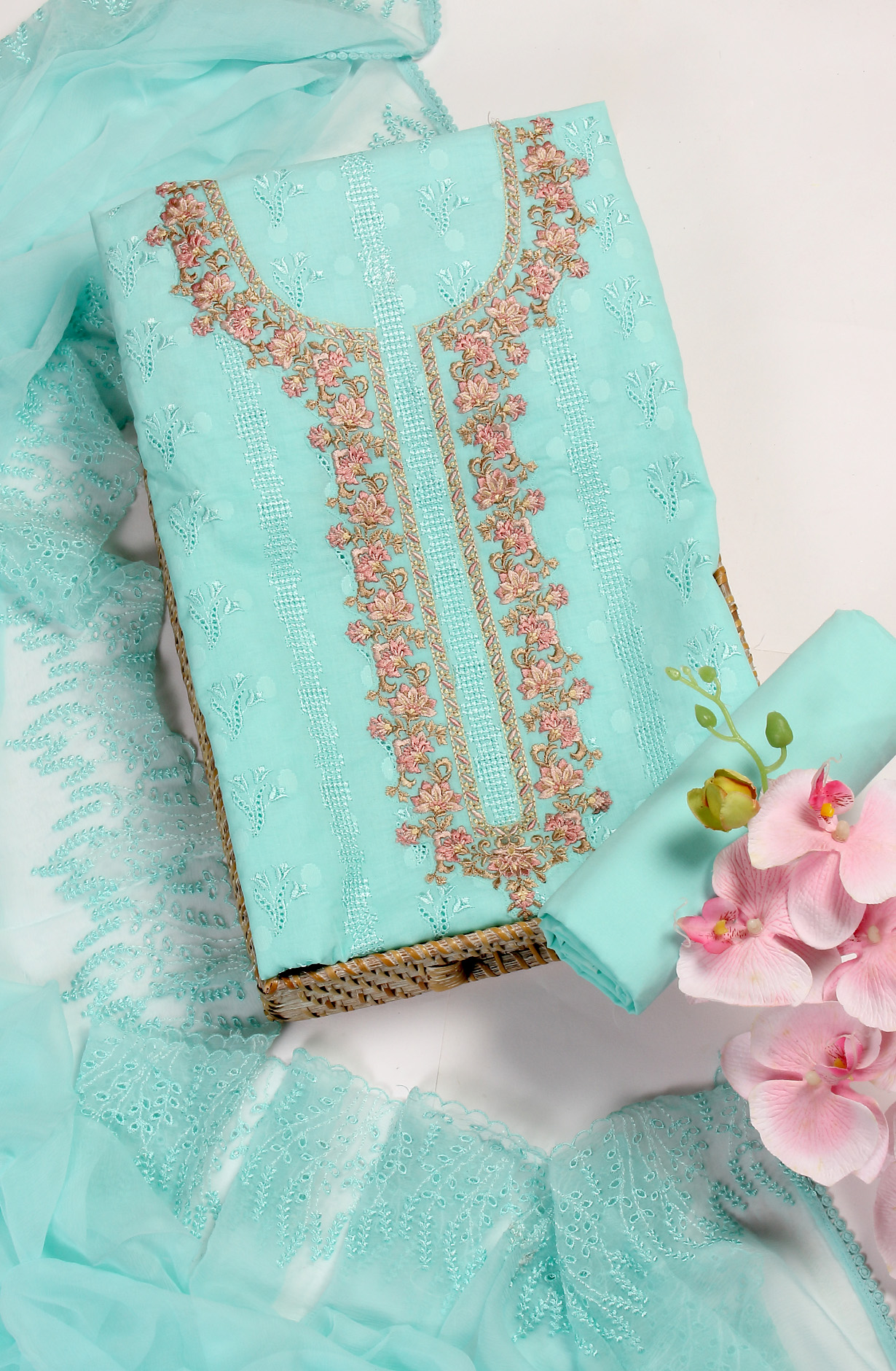 Aqua Pure Cotton Embroidered Salwar Kameez with Chiffon Dupatta - MELNS13788D
