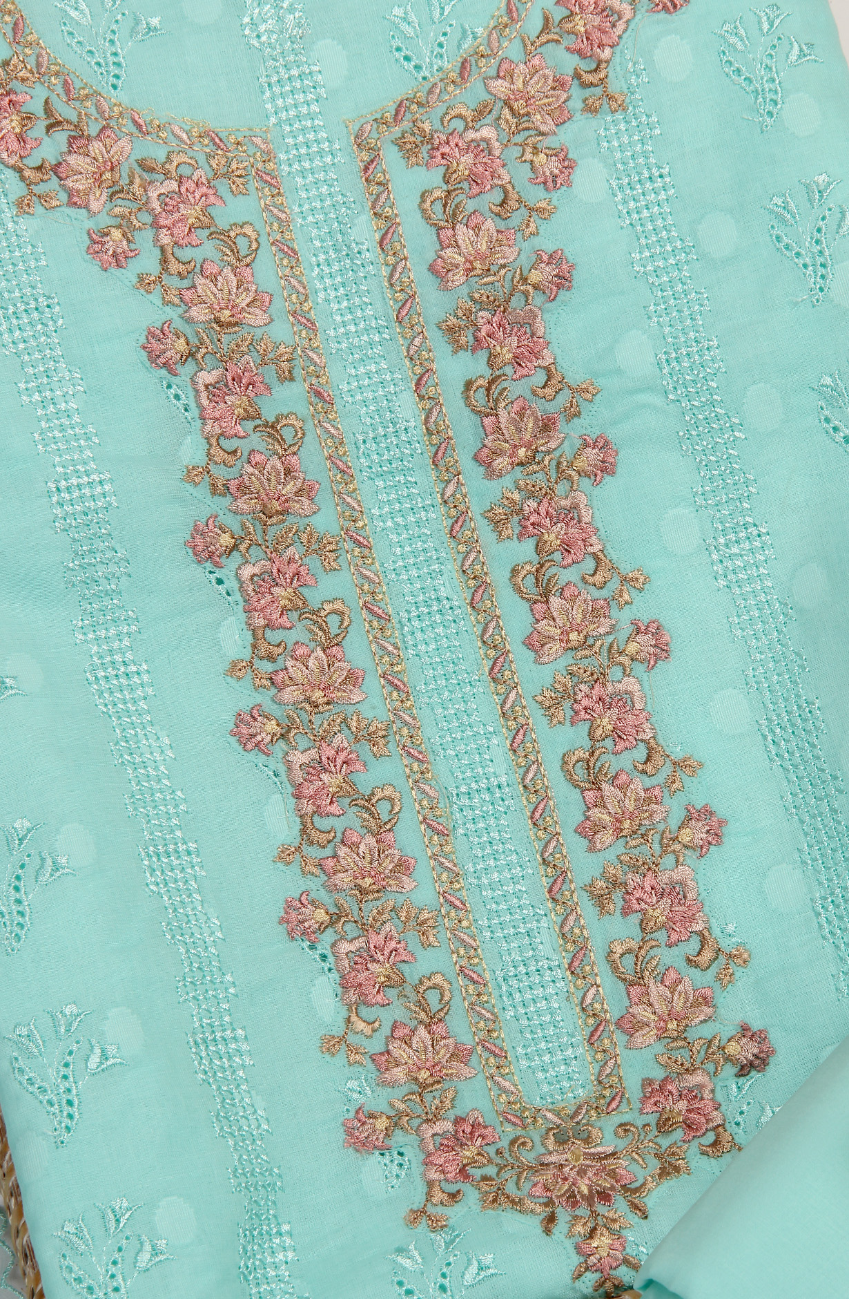 Aqua Pure Cotton Embroidered Salwar Kameez with Chiffon Dupatta - MELNS13788D