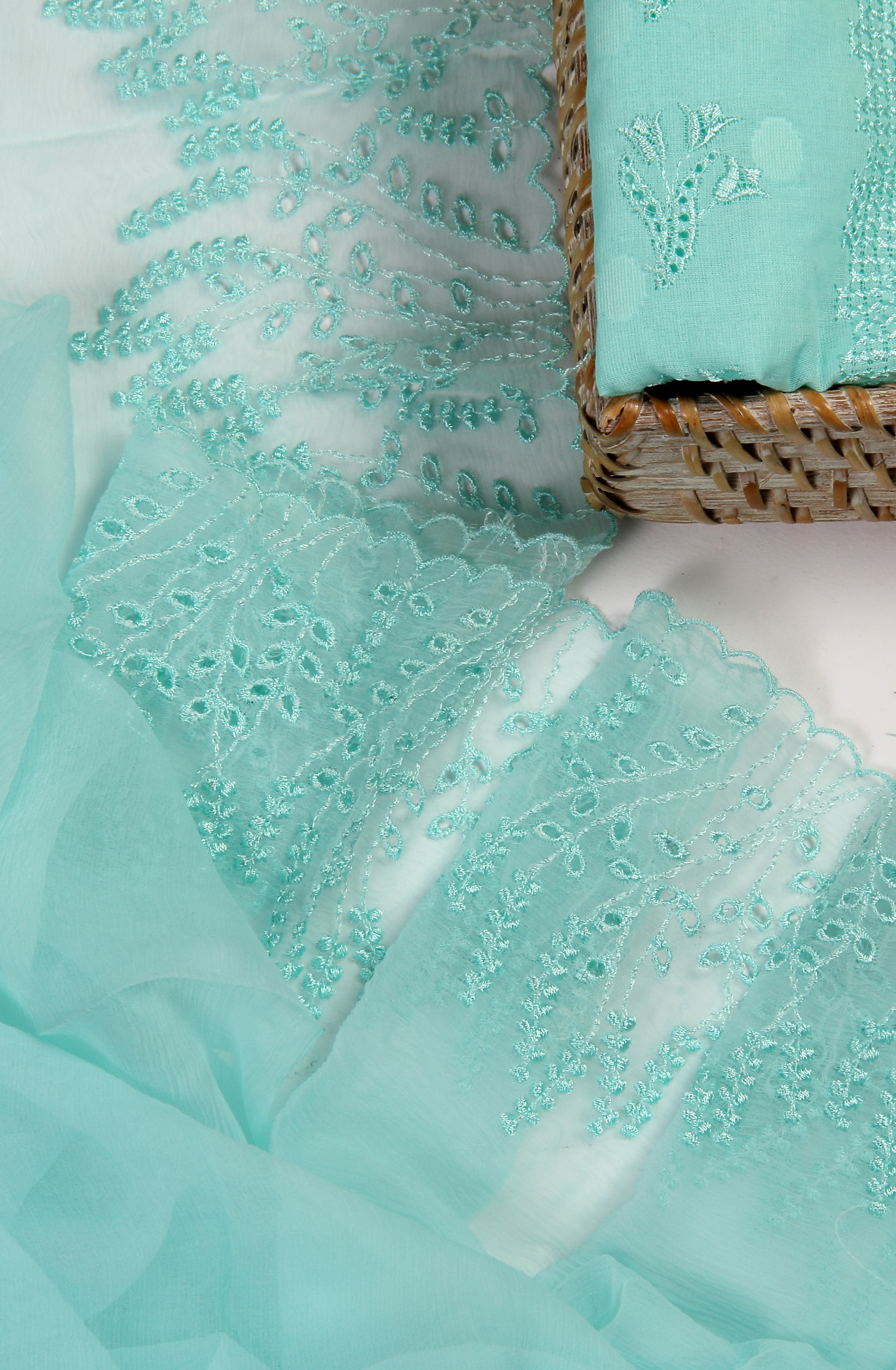 Aqua Pure Cotton Embroidered Salwar Kameez with Chiffon Dupatta - MELNS13788D
