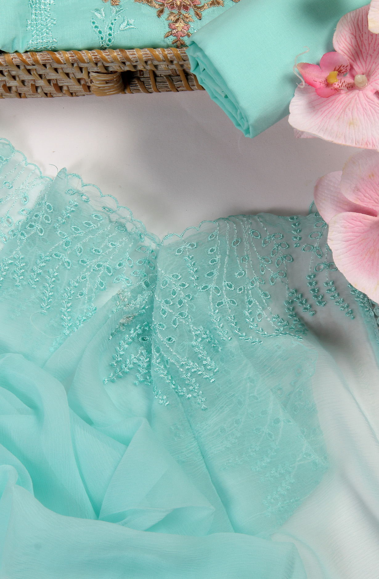 Aqua Pure Cotton Embroidered Salwar Kameez with Chiffon Dupatta - MELNS13788D